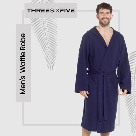 Men's Hooded Waffle Cotton Bathrobe Navy 100% Cotton Super Absorbent Spa