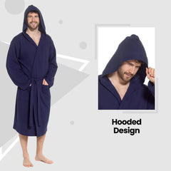 Men's Hooded Waffle Cotton Bathrobe Navy 100% Cotton Super Absorbent Spa