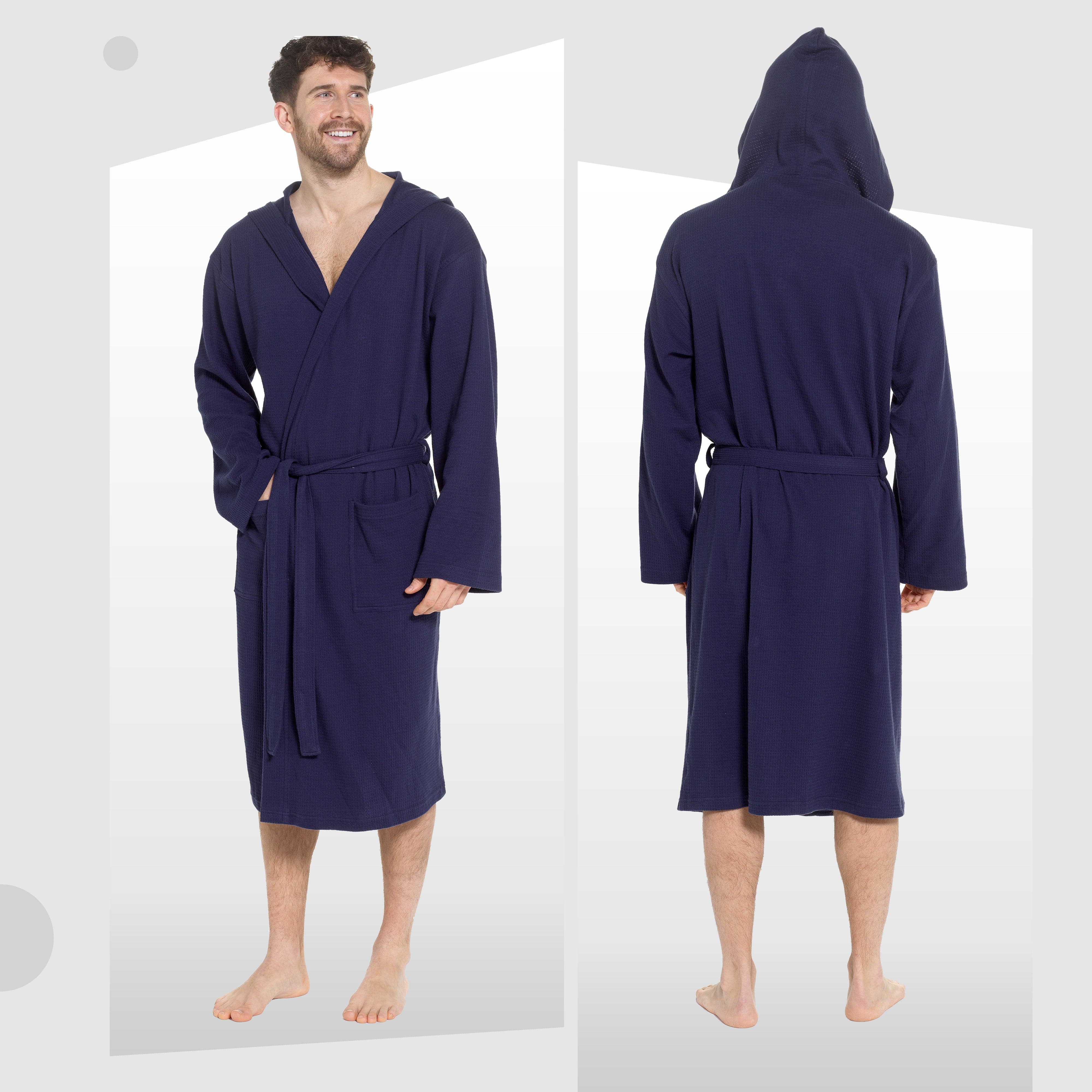 Men's Hooded Waffle Cotton Bathrobe Navy 100% Cotton Super Absorbent Spa