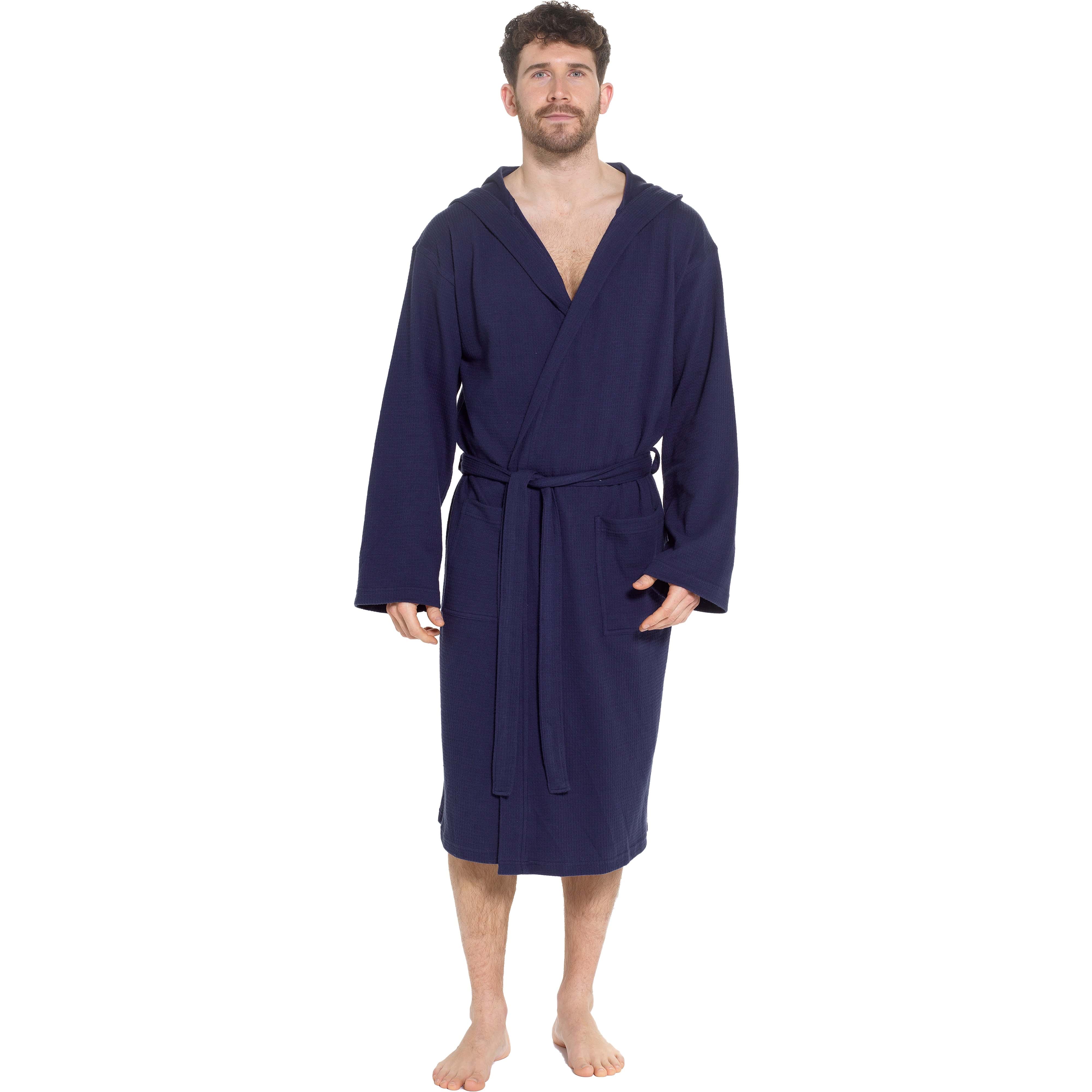 Men's Hooded Waffle Cotton Bathrobe Navy 100% Cotton Super Absorbent Spa
