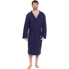 Men's Hooded Waffle Cotton Bathrobe Navy 100% Cotton Super Absorbent Spa