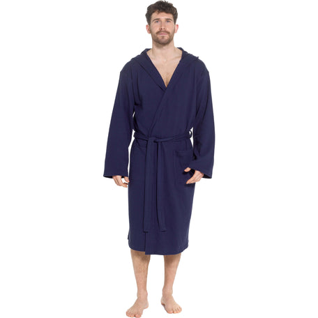 Men's Hooded Waffle Cotton Bathrobe Navy 100% Cotton Super Absorbent Spa