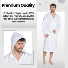Men’s Hooded Cotton Bathrobe Waffle Knit White Super Absorbent Easy Care