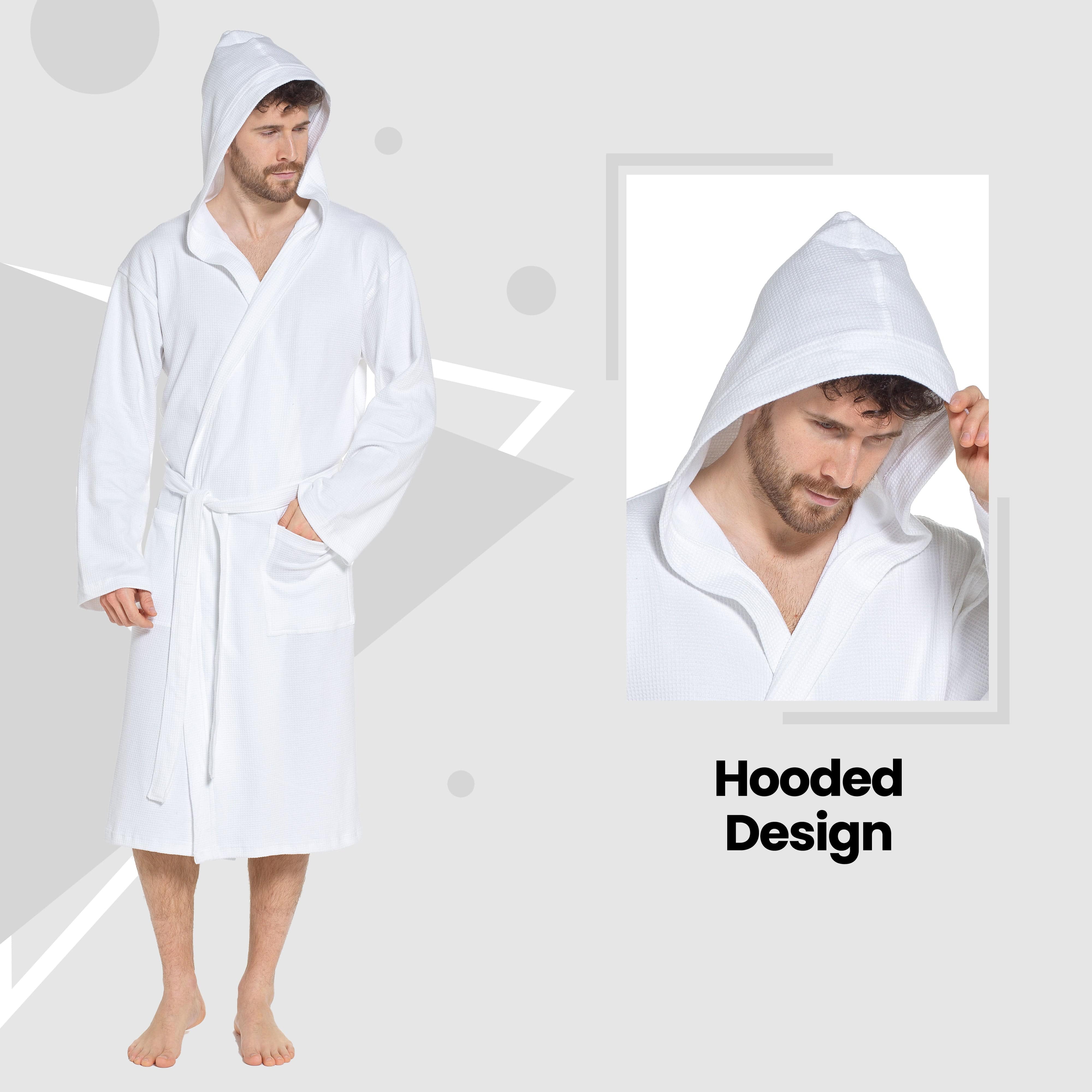 Men’s Hooded Cotton Bathrobe Waffle Knit White Super Absorbent Easy Care