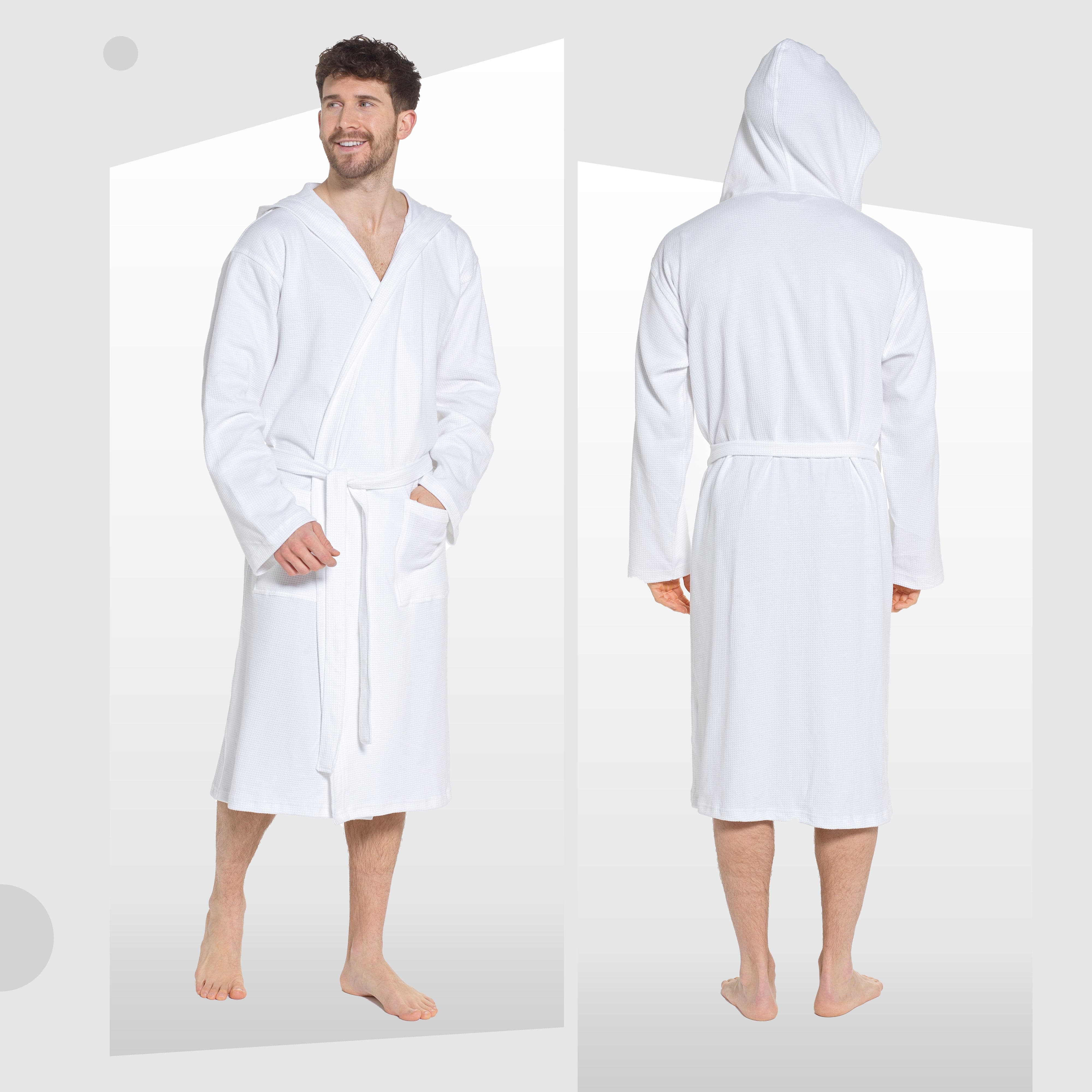 Men’s Hooded Cotton Bathrobe Waffle Knit White Super Absorbent Easy Care