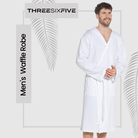 Men’s Hooded Cotton Bathrobe Waffle Knit White Super Absorbent Easy Care