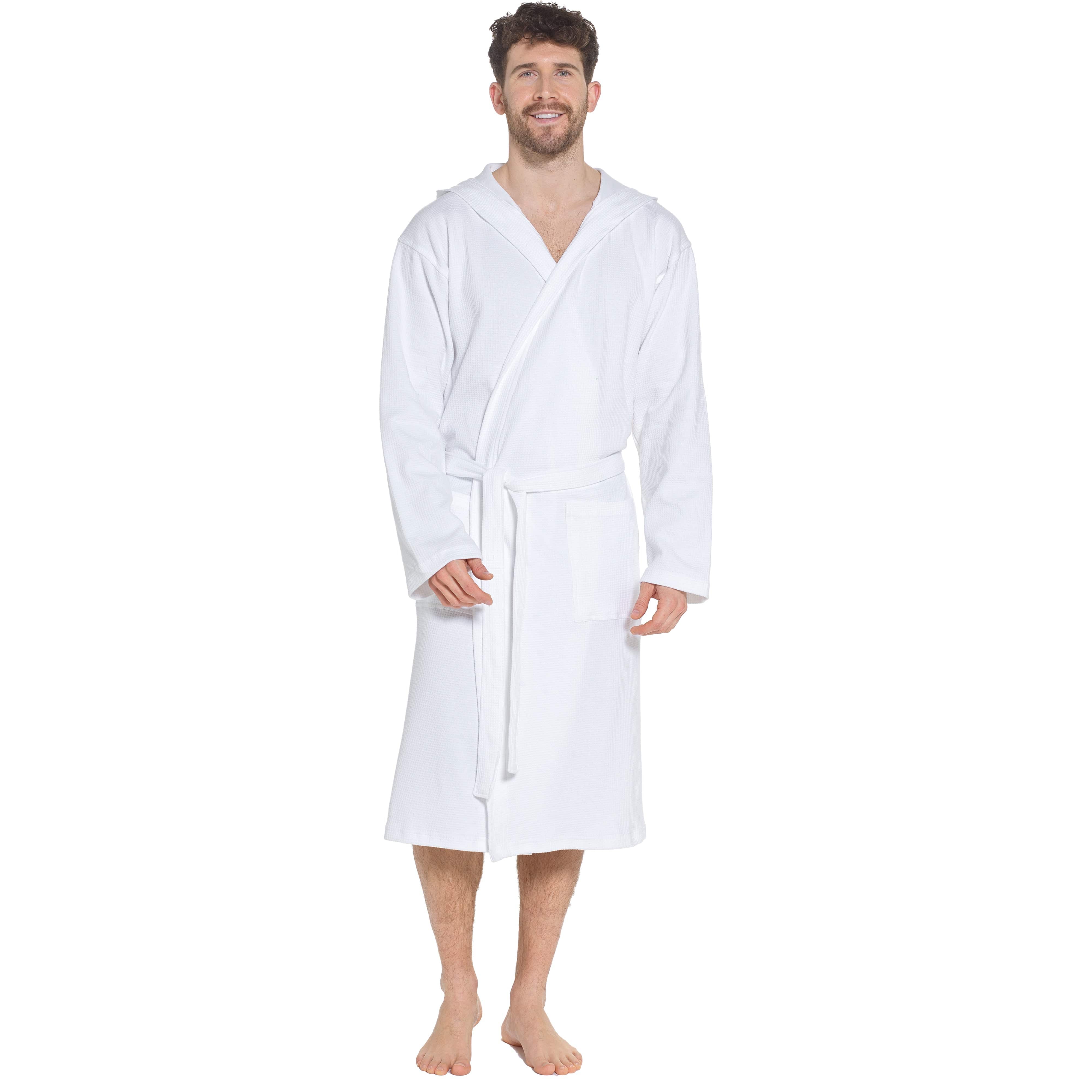 Men’s Hooded Cotton Bathrobe Waffle Knit White Super Absorbent Easy Care