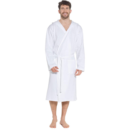 Men’s Hooded Cotton Bathrobe Waffle Knit White Super Absorbent Easy Care