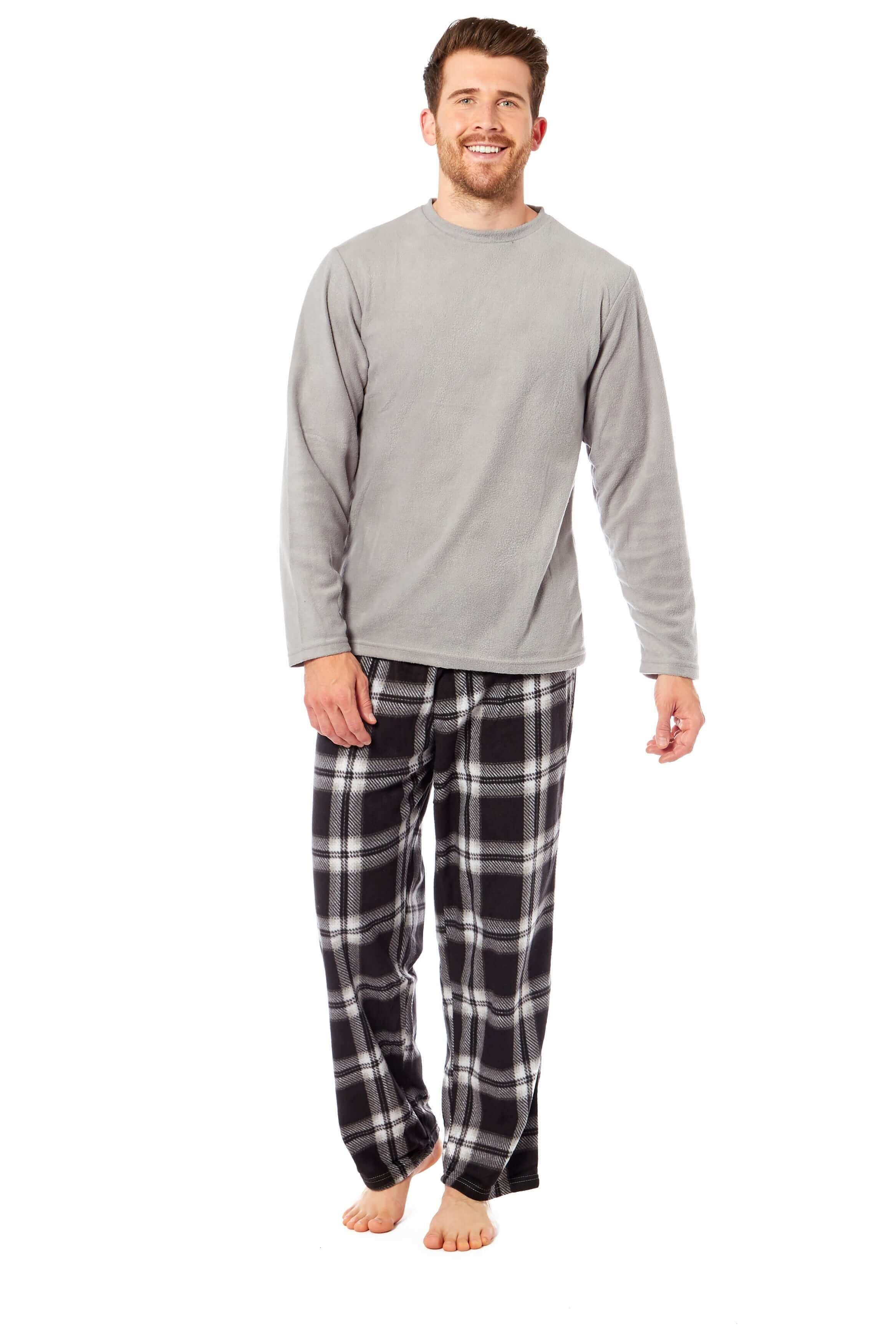 Men's Thermal Fleece Pyjama Set With Check Pants Winter Loungewear