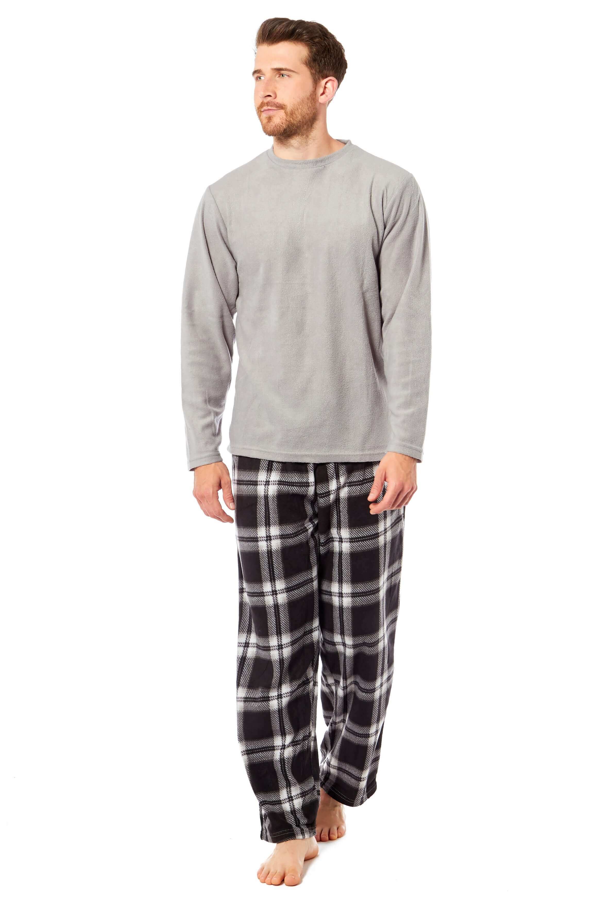 Men's Thermal Fleece Pyjama Set With Check Pants Winter Loungewear