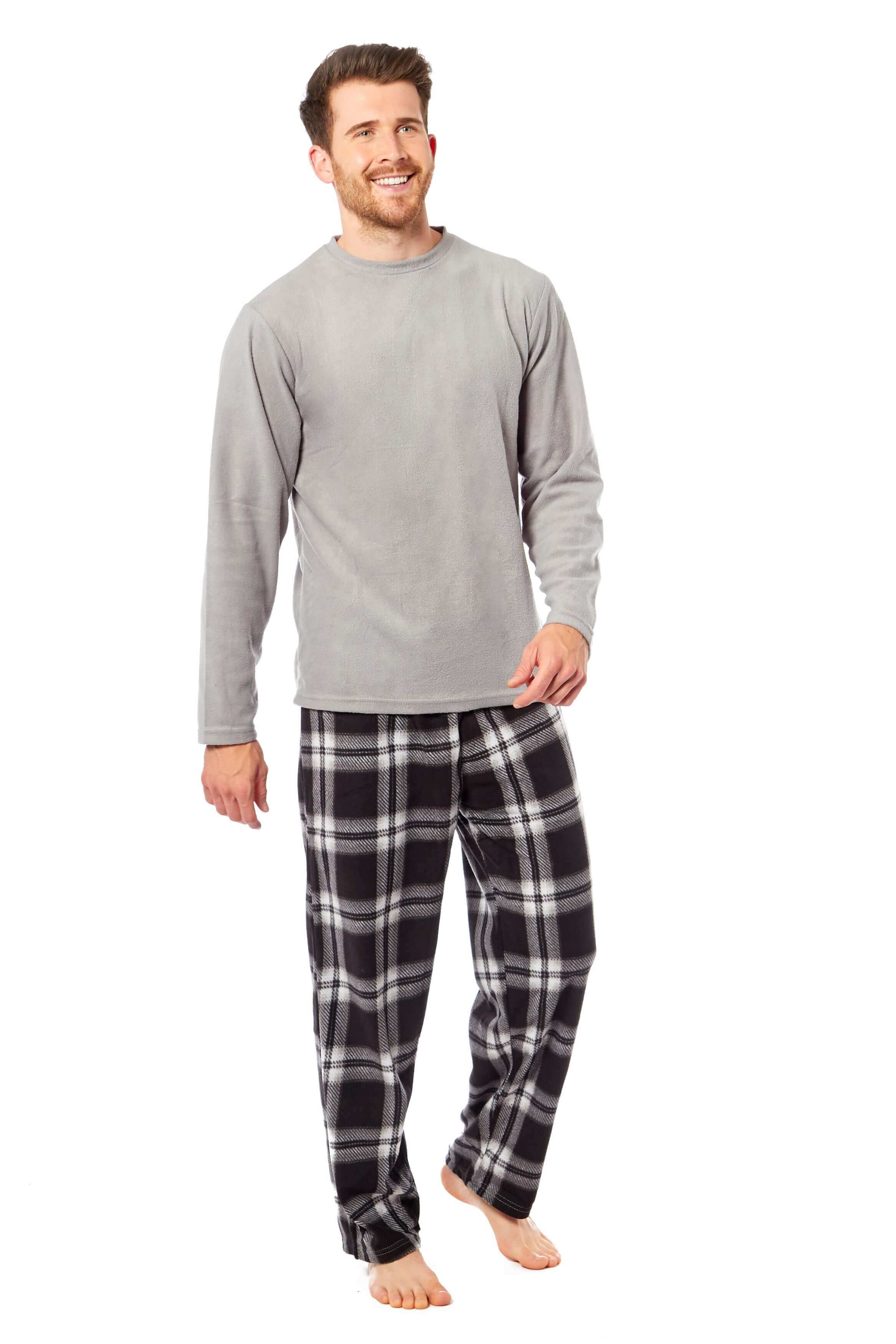 Men's Thermal Fleece Pyjama Set With Check Pants Winter Loungewear