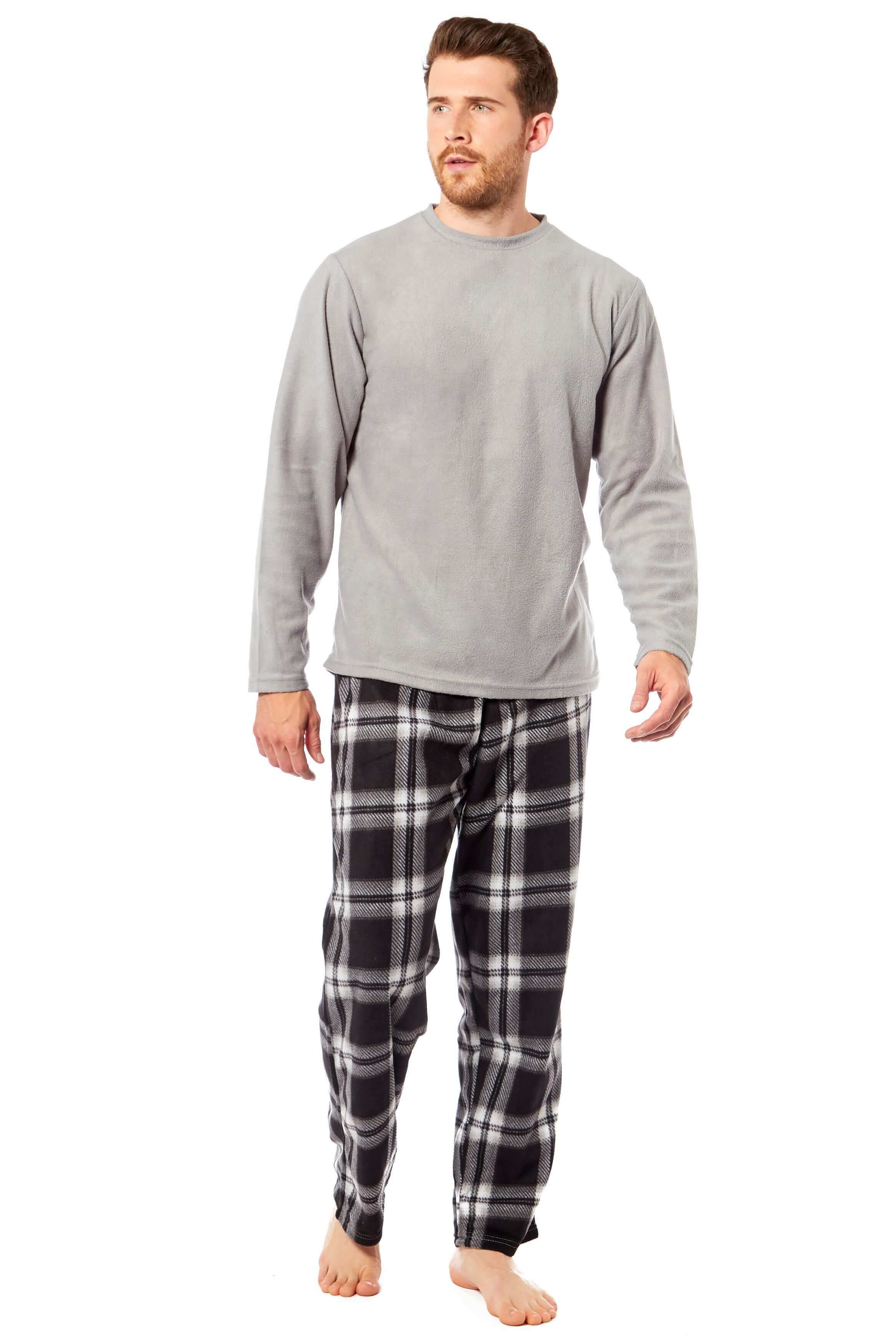 Men's Thermal Fleece Pyjama Set With Check Pants Winter Loungewear