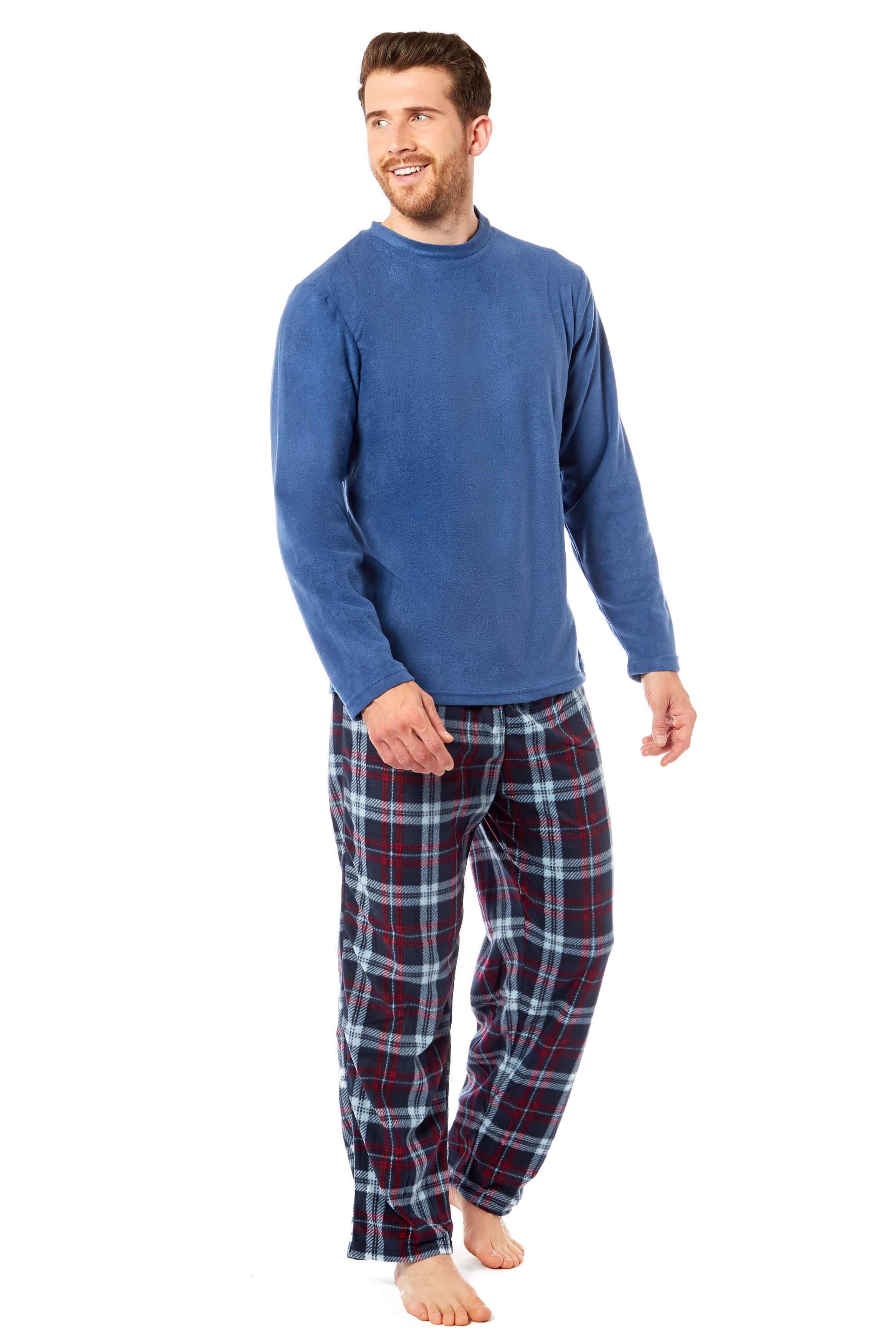 Men's Thermal Fleece Pyjama Set With Check Pants Winter Loungewear