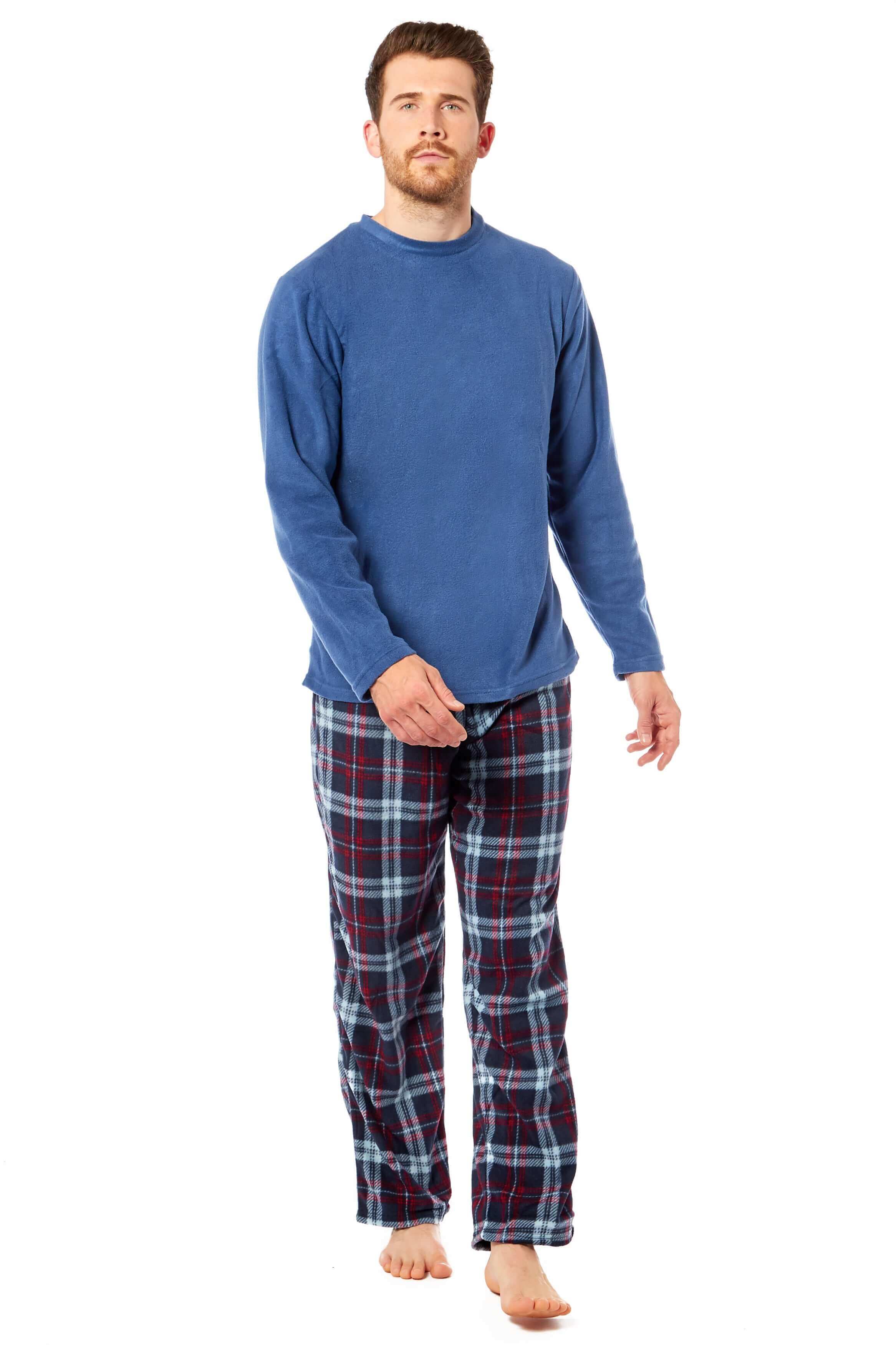 Men's Thermal Fleece Pyjama Set With Check Pants Winter Loungewear