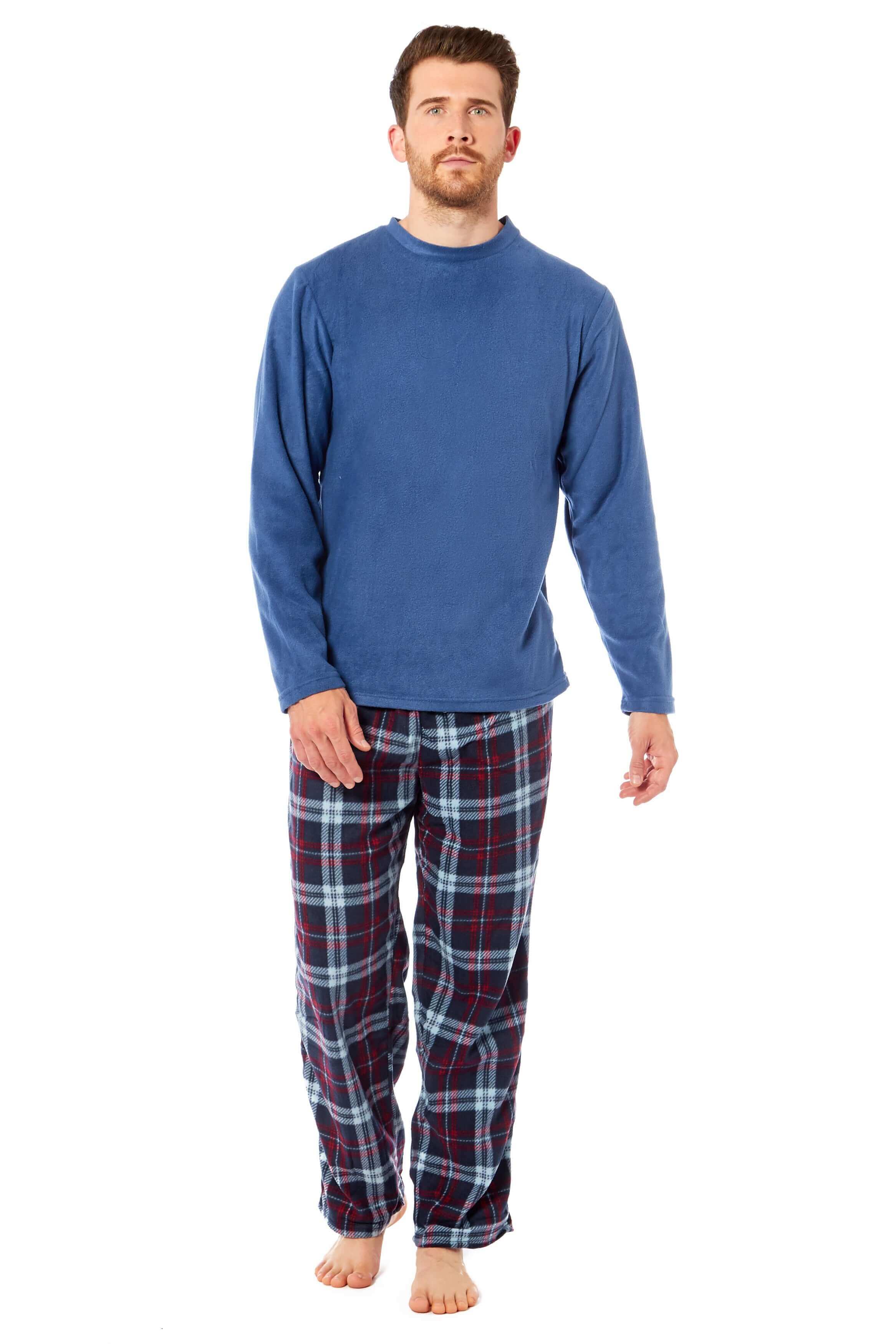 Men's Thermal Fleece Pyjama Set With Check Pants Winter Loungewear