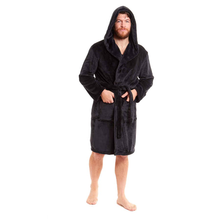 Men's Hooded Plush Flannel Bathrobe Ultra Soft Warm Fleece Dressing Gown