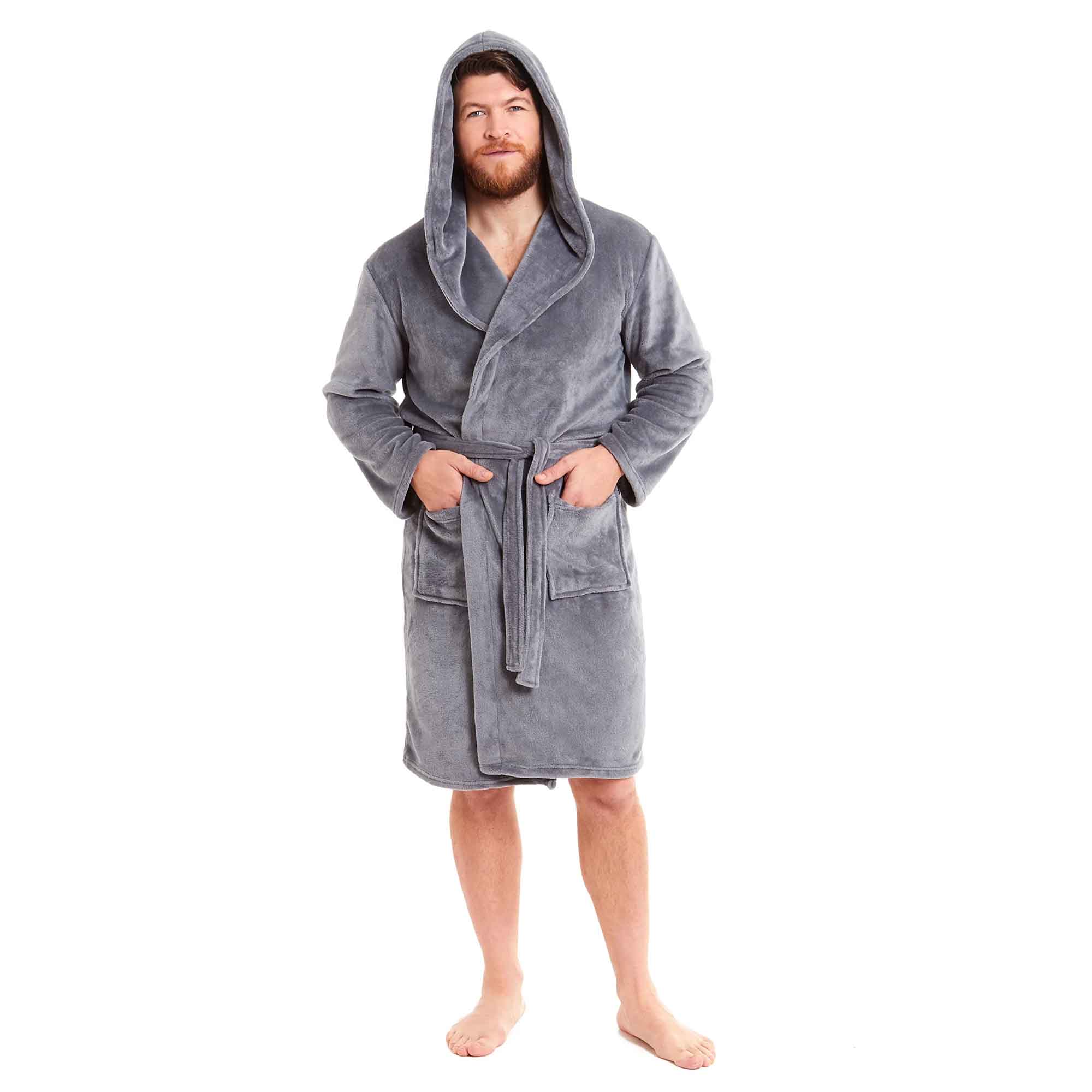 Men's Hooded Plush Flannel Bathrobe Ultra Soft Warm Fleece Dressing Gown