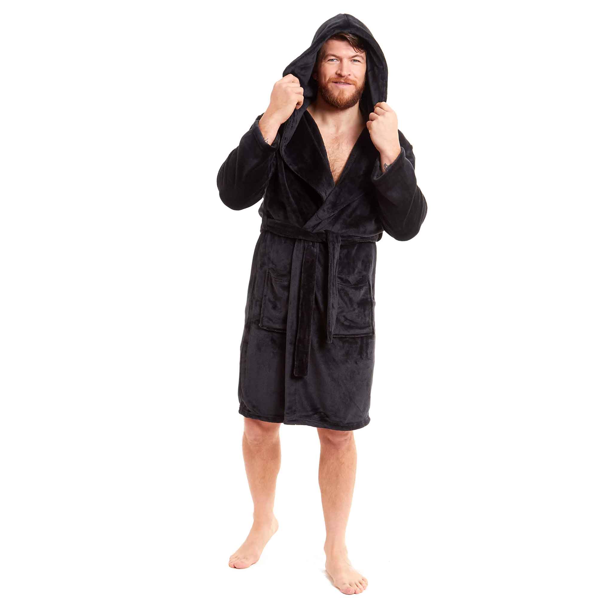 Men's Hooded Plush Flannel Bathrobe Ultra Soft Warm Fleece Dressing Gown