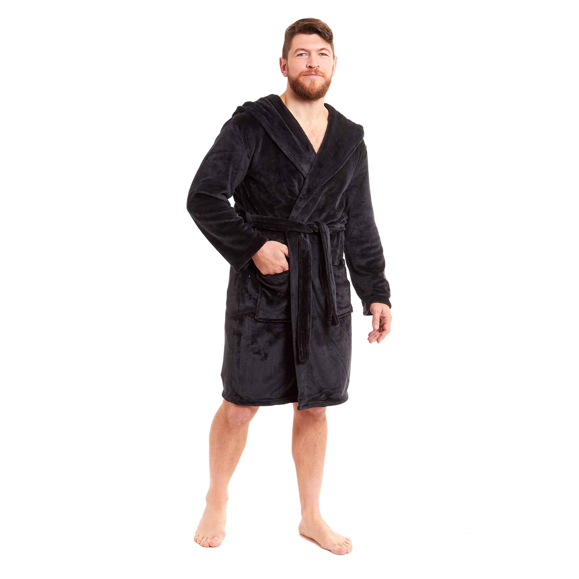 Men's Hooded Plush Flannel Bathrobe Ultra Soft Warm Fleece Dressing Gown