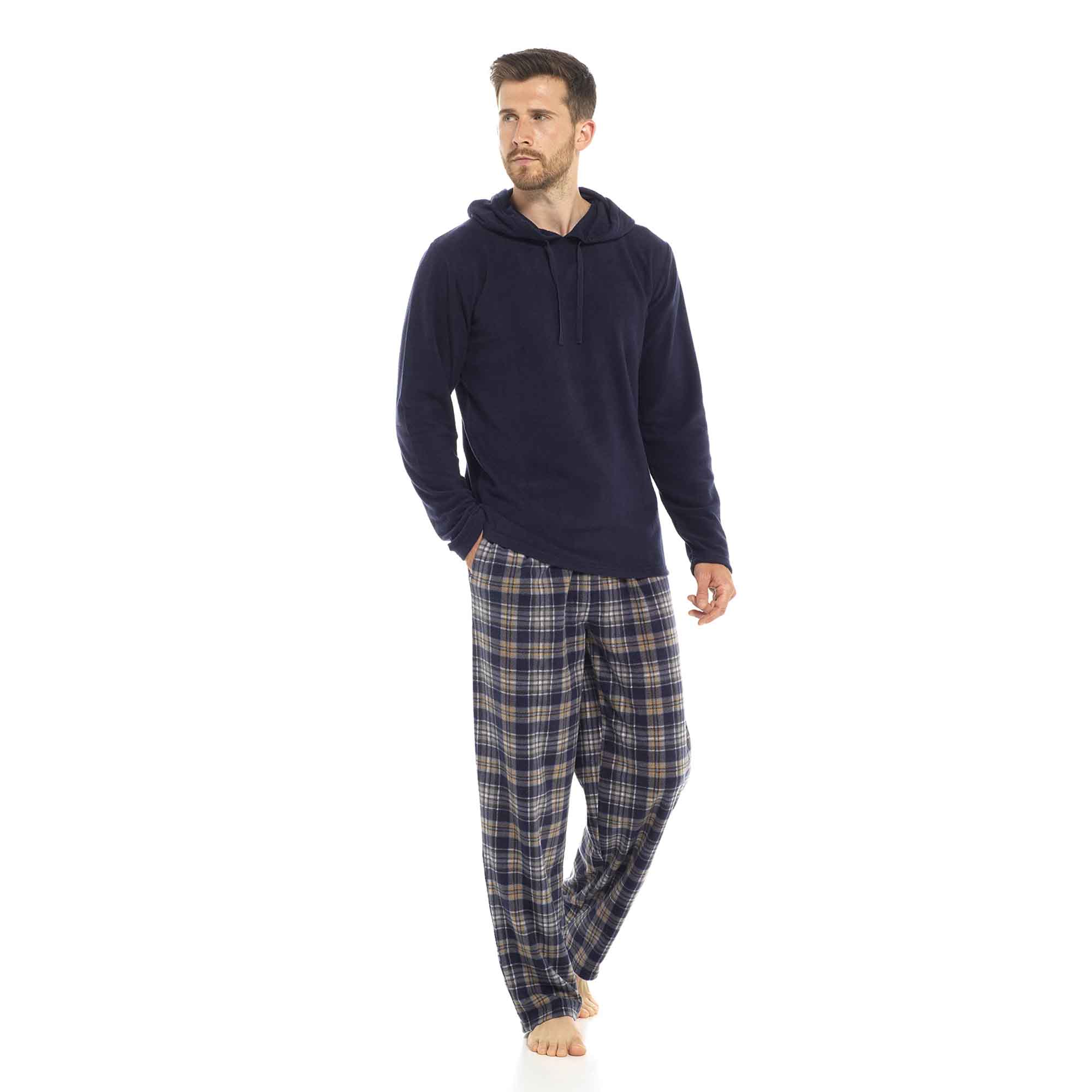 Men's Hooded Fleece Pyjama Set Winter Nightwear With Check Pattern And Checked