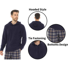 Men's Hooded Fleece Pyjama Set Winter Nightwear With Check Pattern And Checked