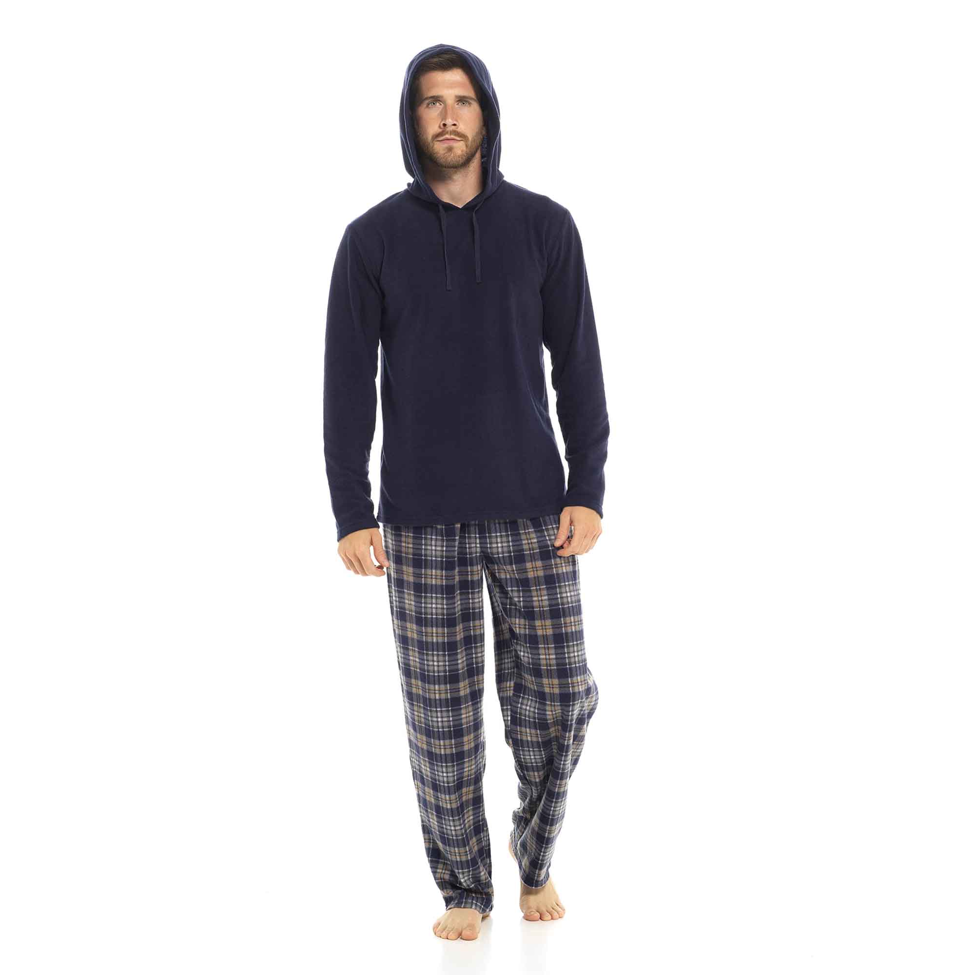 Men's Hooded Fleece Pyjama Set Winter Nightwear With Check Pattern And Checked