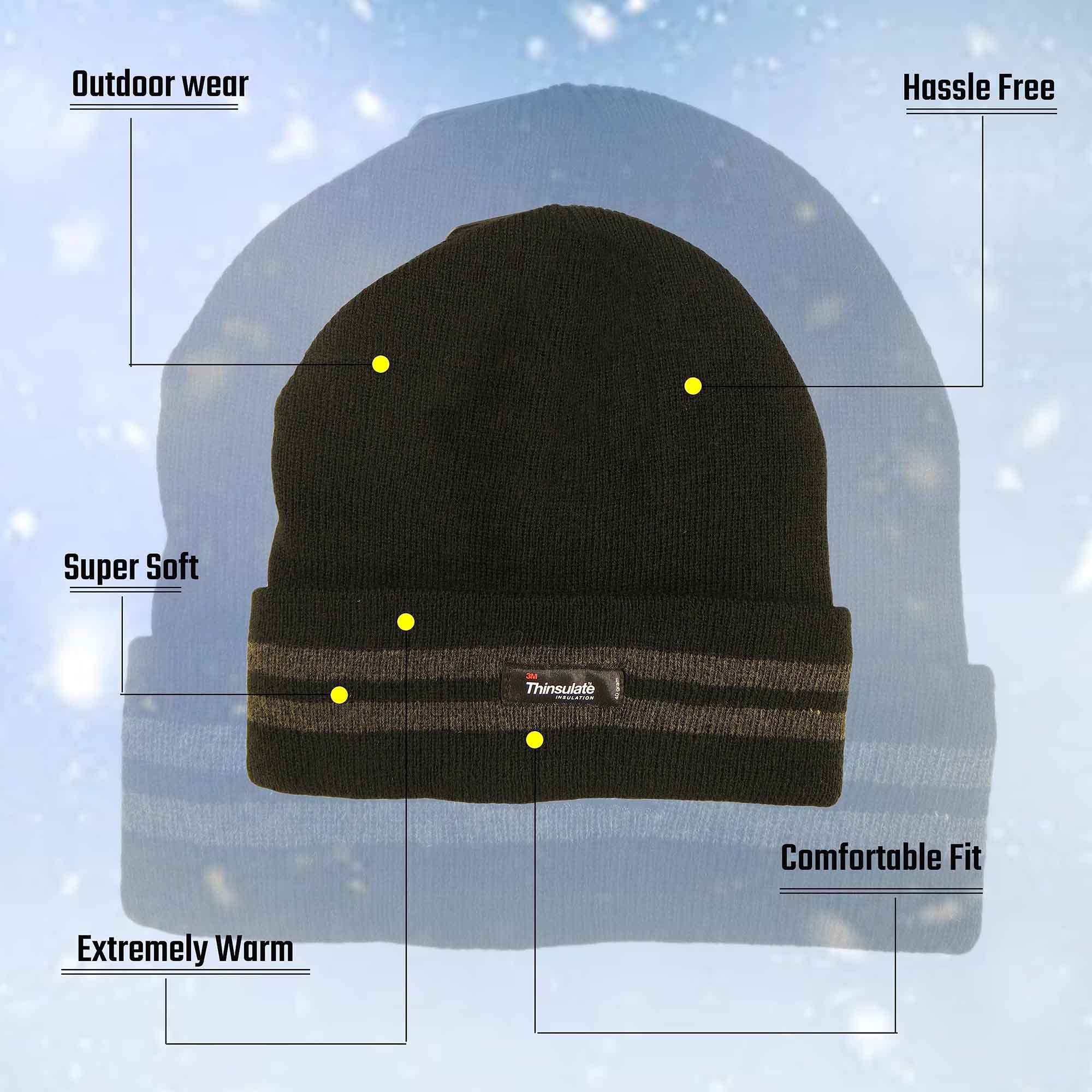 Men's 3M Thinsulate Fleece Knitted Beanie Hat Stripe Thermal Insulation