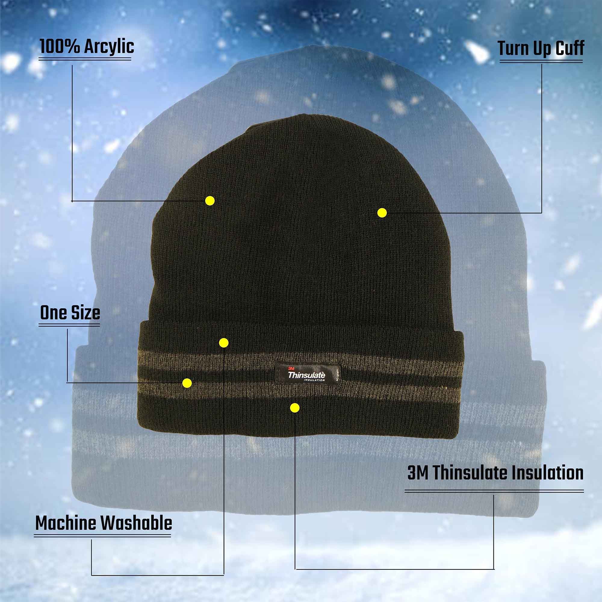 Men's 3M Thinsulate Fleece Knitted Beanie Hat Stripe Thermal Insulation