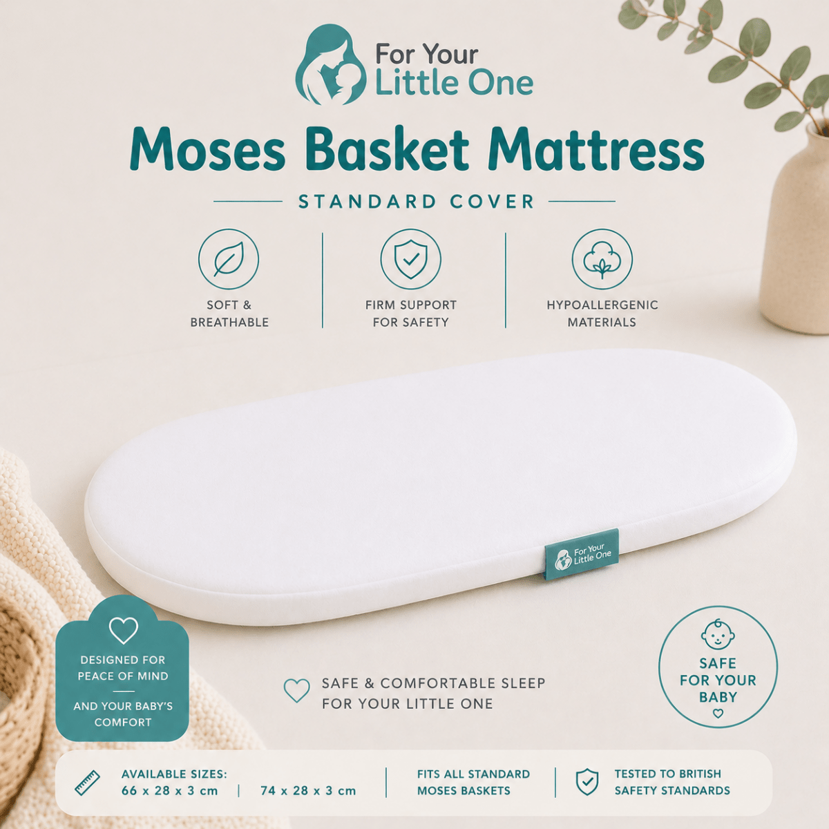 Moses Basket Mattress 74 x 28cm – Firm Flat Replacement Mattress