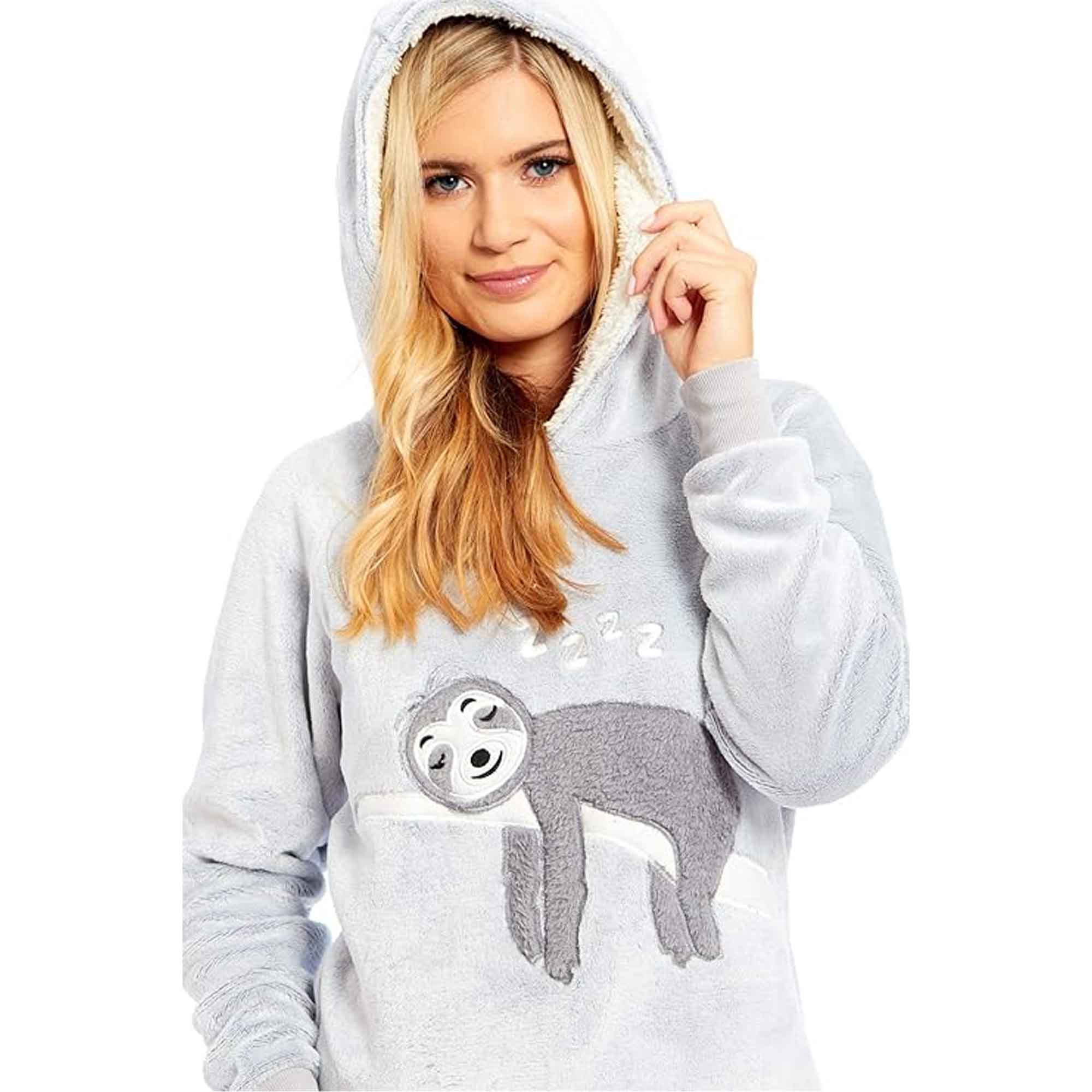 Mother Daughter Sloth Hooded Fleece Pyjamas Set With Sherpa Lining Twosie