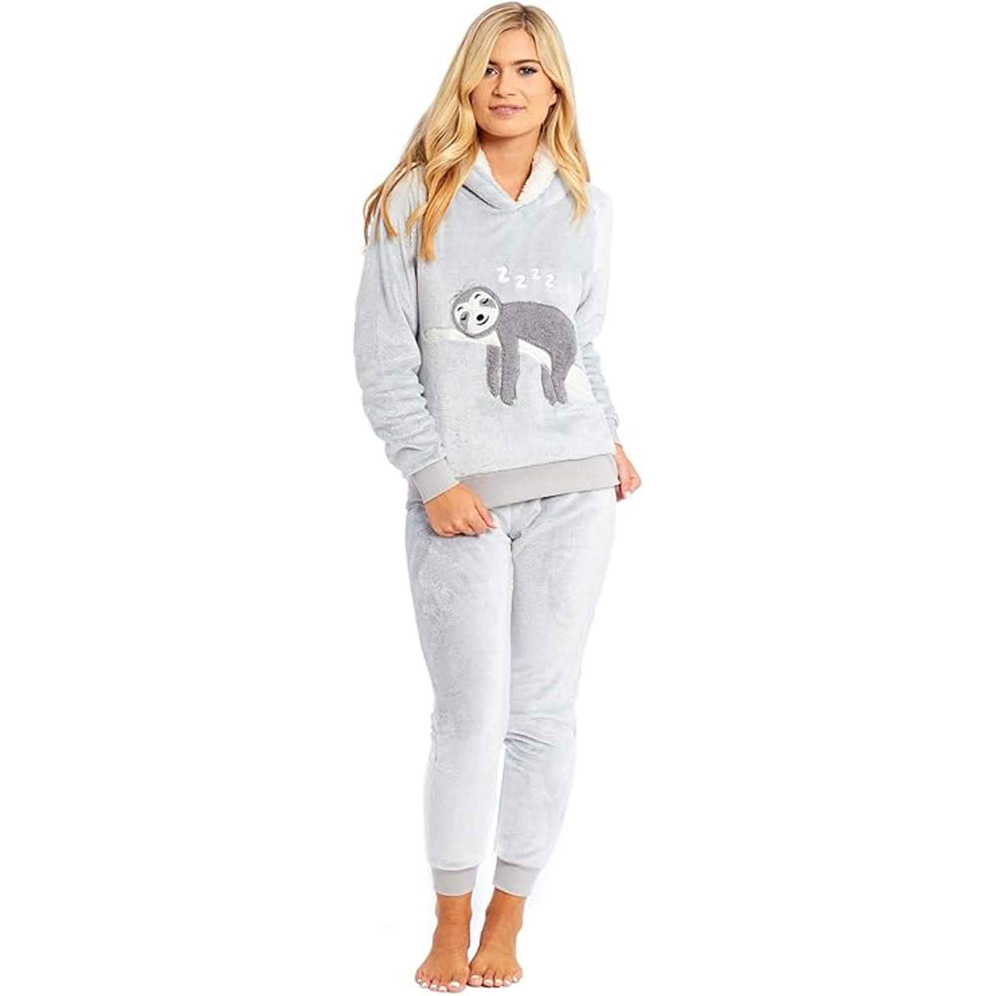 Mother Daughter Sloth Hooded Fleece Pyjamas Set With Sherpa Lining Twosie