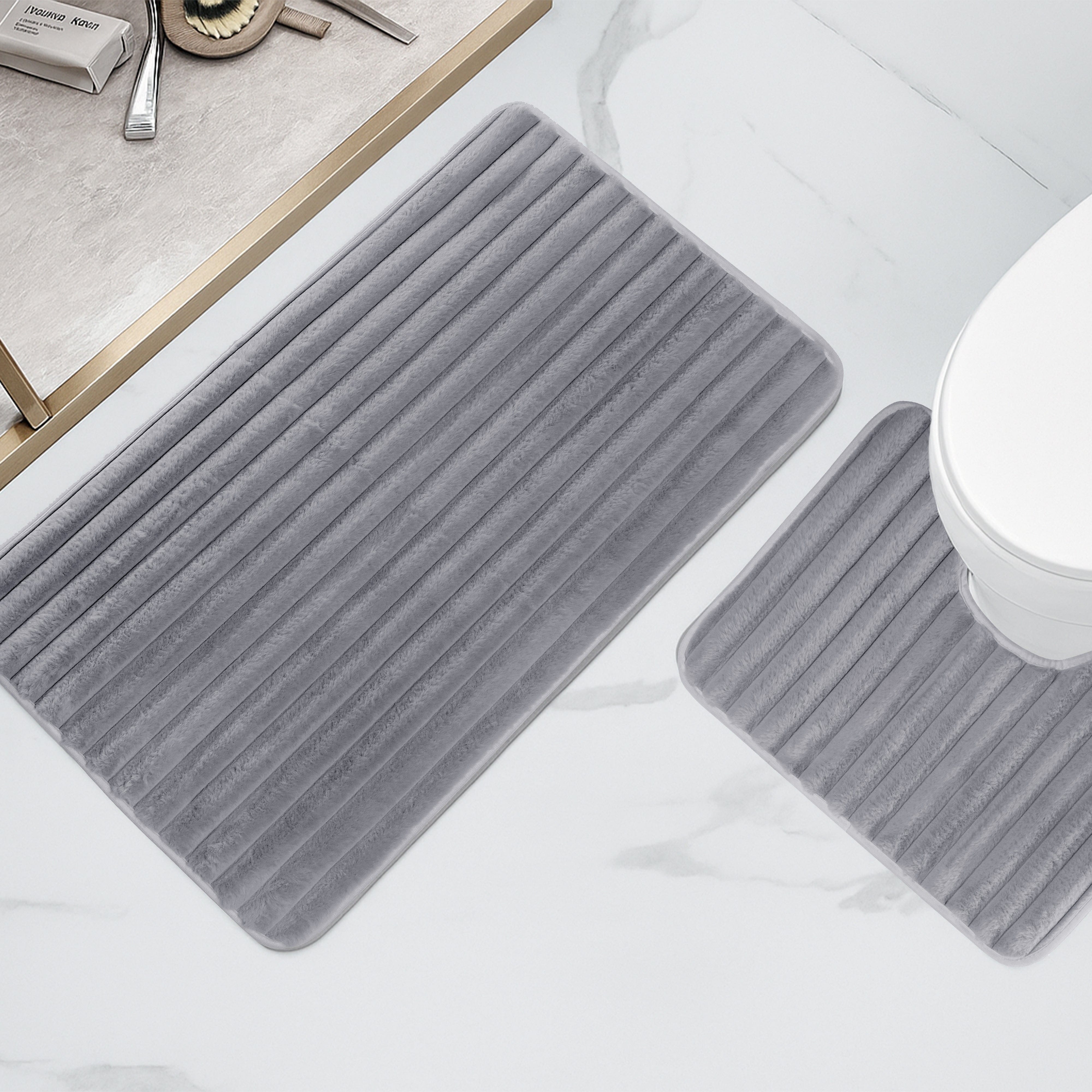 Olivia Rocco Ribbed Bath Mat Set, 2 Piece, Charcoal, Polyester