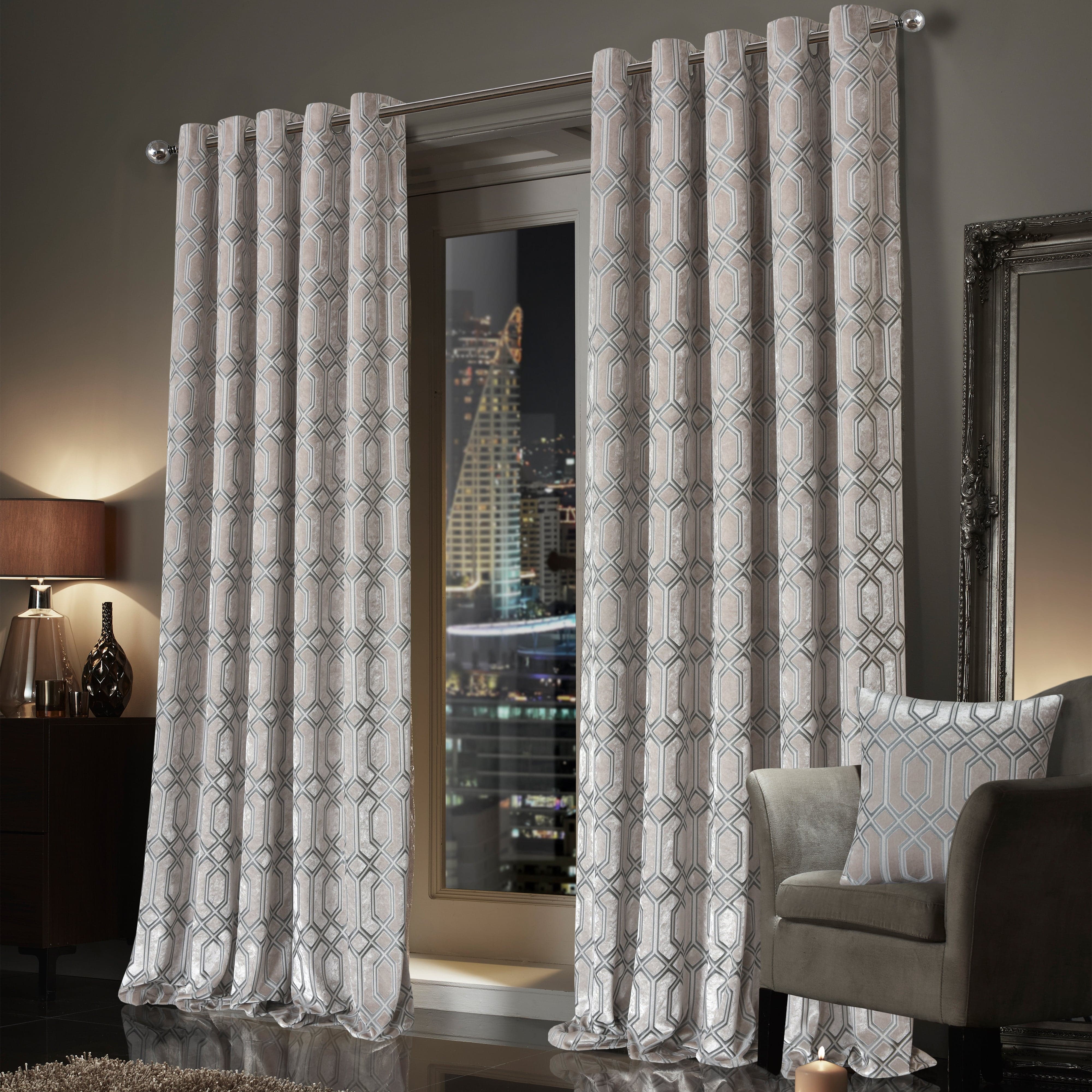 Olivia Rocco Luxe Geo Velvet Eyelet Curtains, Champagne, Thermal Lined