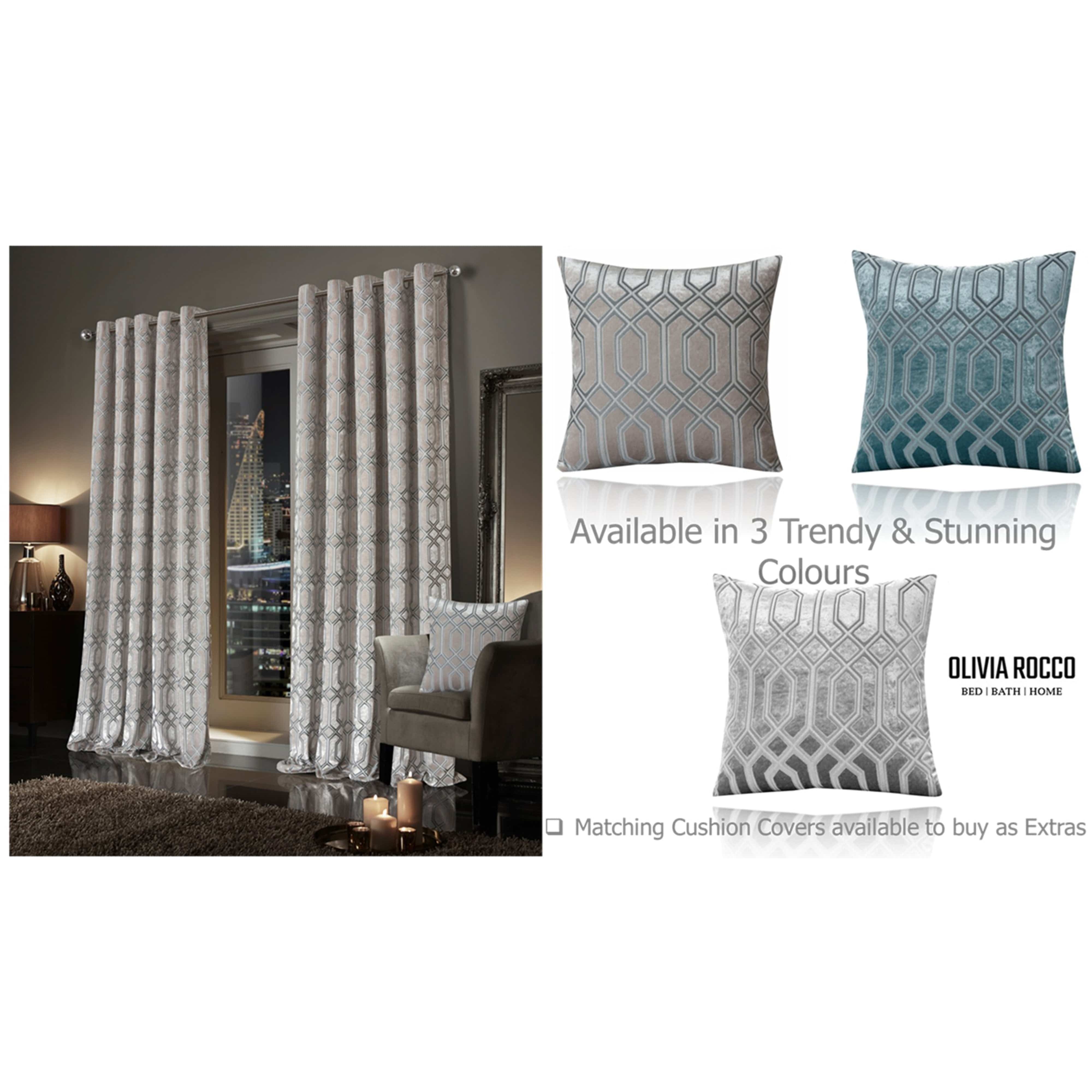 Olivia Rocco Luxe Geo Velvet Eyelet Curtains, Champagne, Thermal Lined