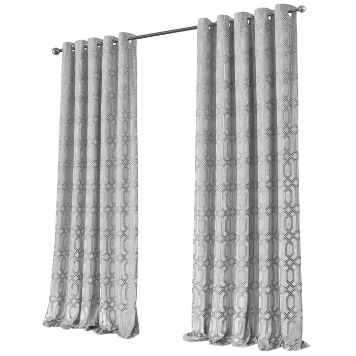 Olivia Rocco Luxe Geo Velvet Eyelet Curtains, Grey, Thermal Lined, Grey