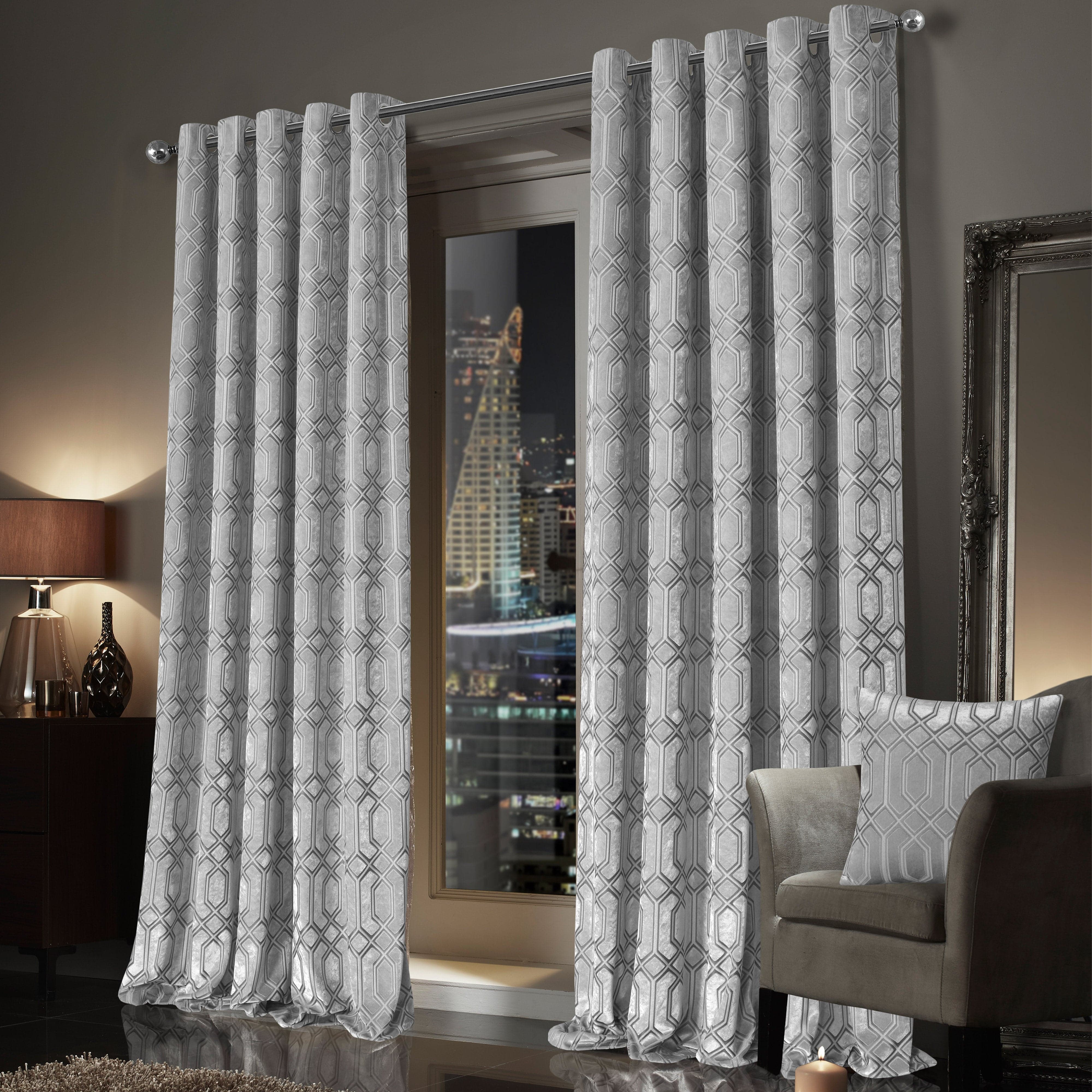 Olivia Rocco Luxe Geo Velvet Eyelet Curtains, Grey, Thermal Lined