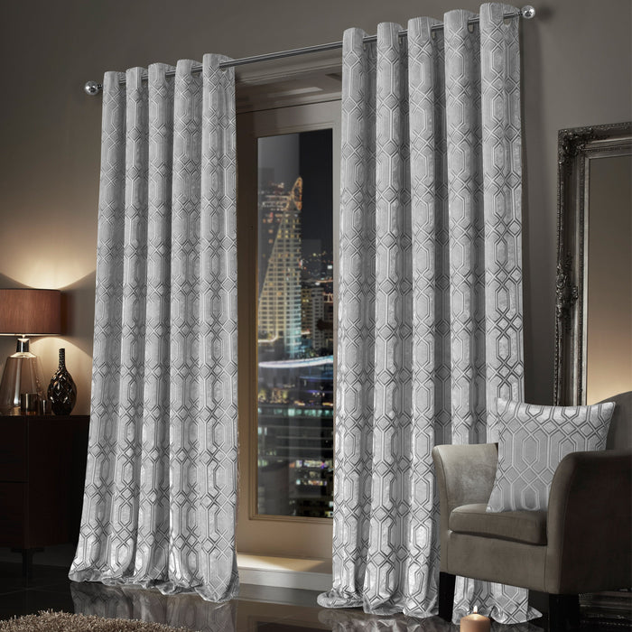 Olivia Rocco Luxe Geo Velvet Eyelet Curtains, Grey, Thermal Lined, image 2