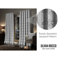 Olivia Rocco Luxe Geo Velvet Eyelet Curtains, Grey, Thermal Lined