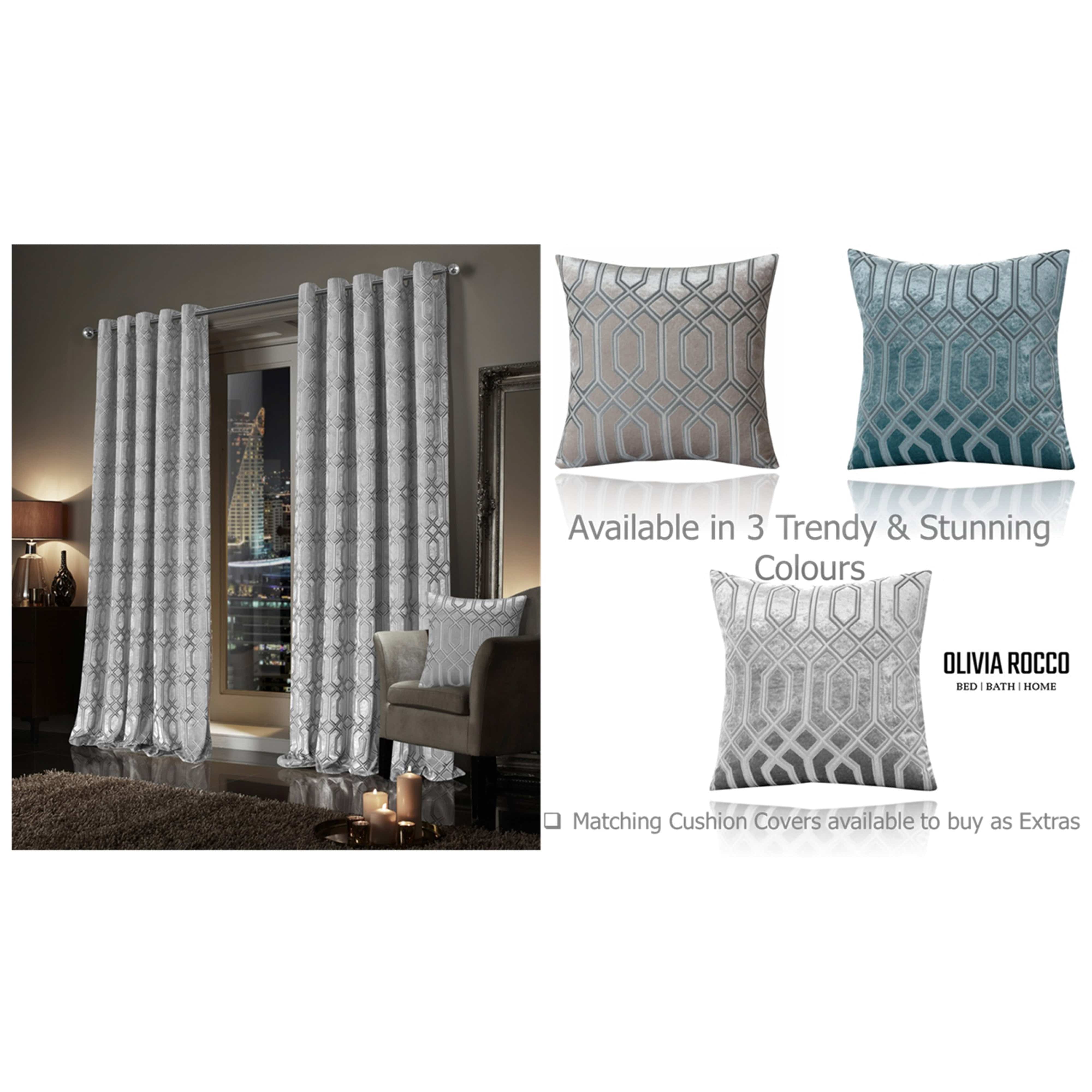 Olivia Rocco Luxe Geo Velvet Eyelet Curtains, Grey, Thermal Lined