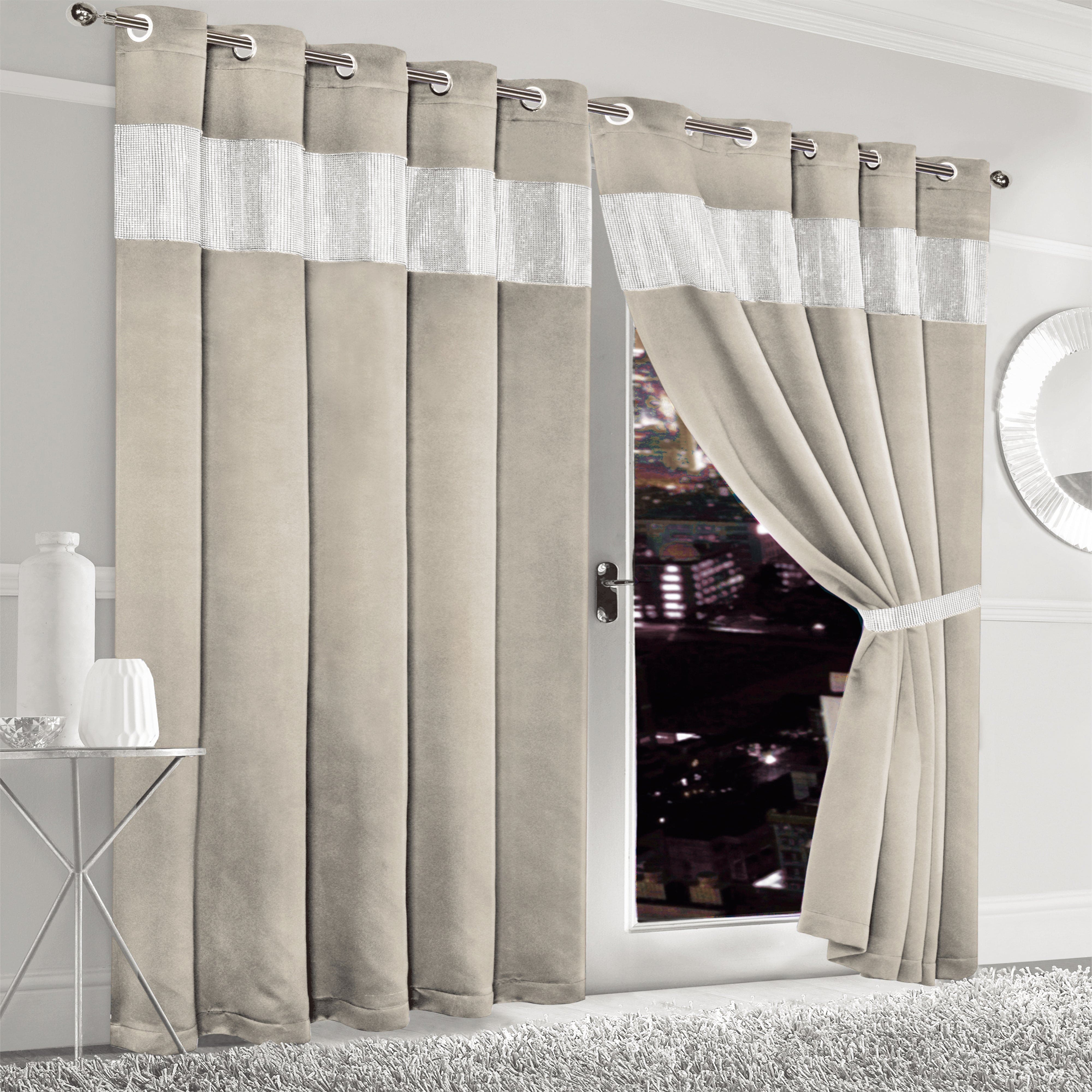 Olivia Rocco Diamante Blackout Eyelet Curtains with Tie Backs, Natural