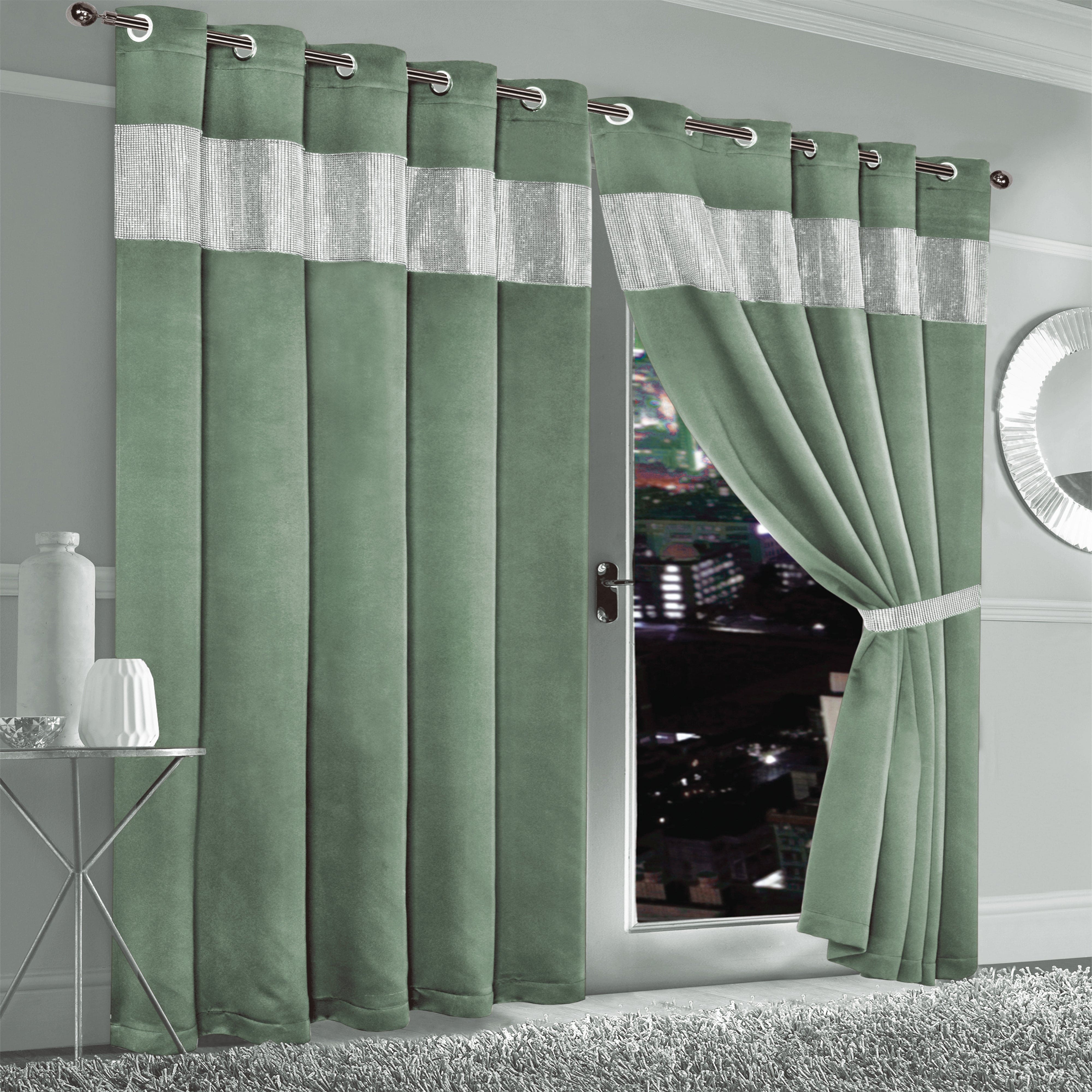 Olivia Rocco Diamante Blackout Eyelet Curtains, Tie Backs, Sage Green