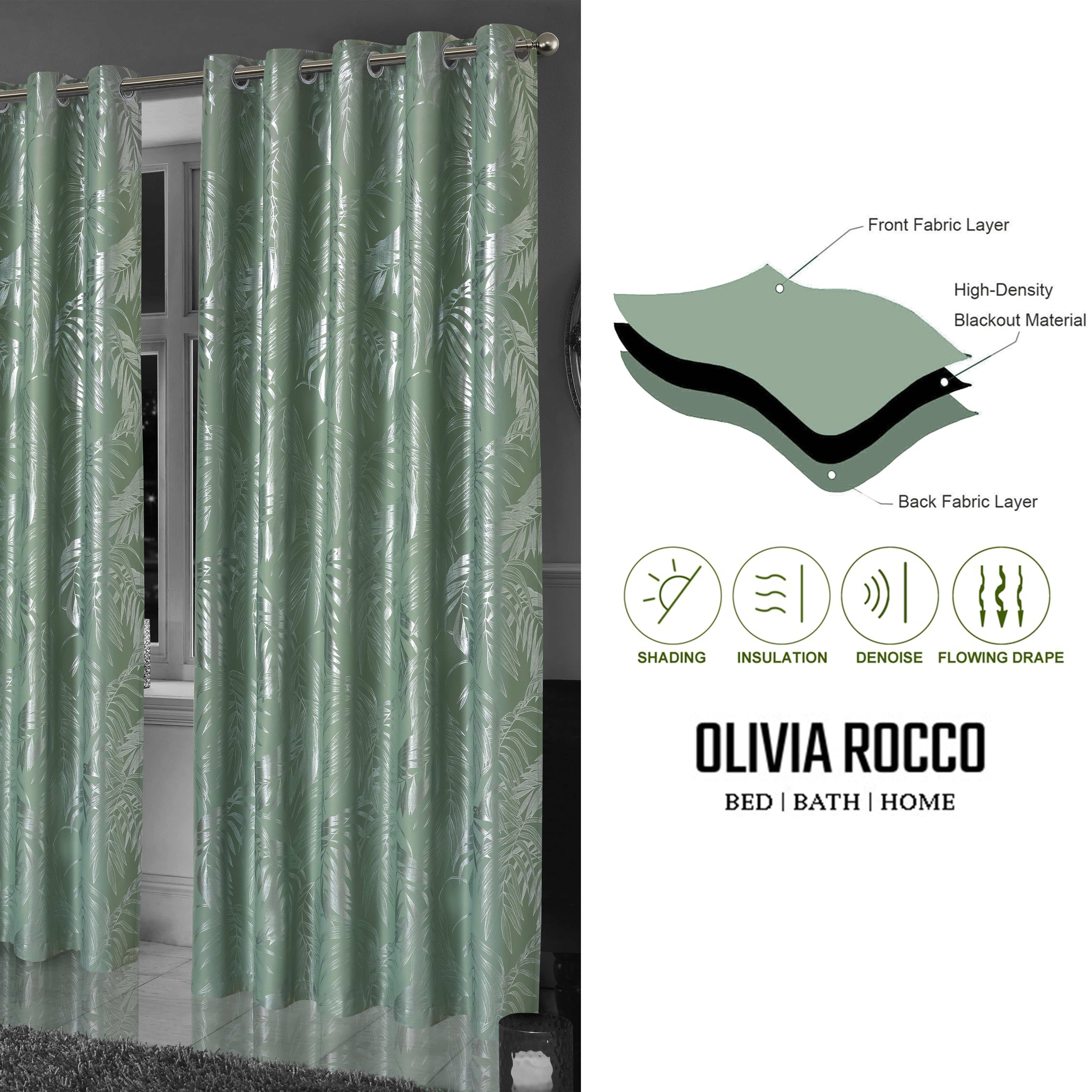 Olivia Rocco Leaf Sparkle Blackout Eyelet Curtains, Sage Green