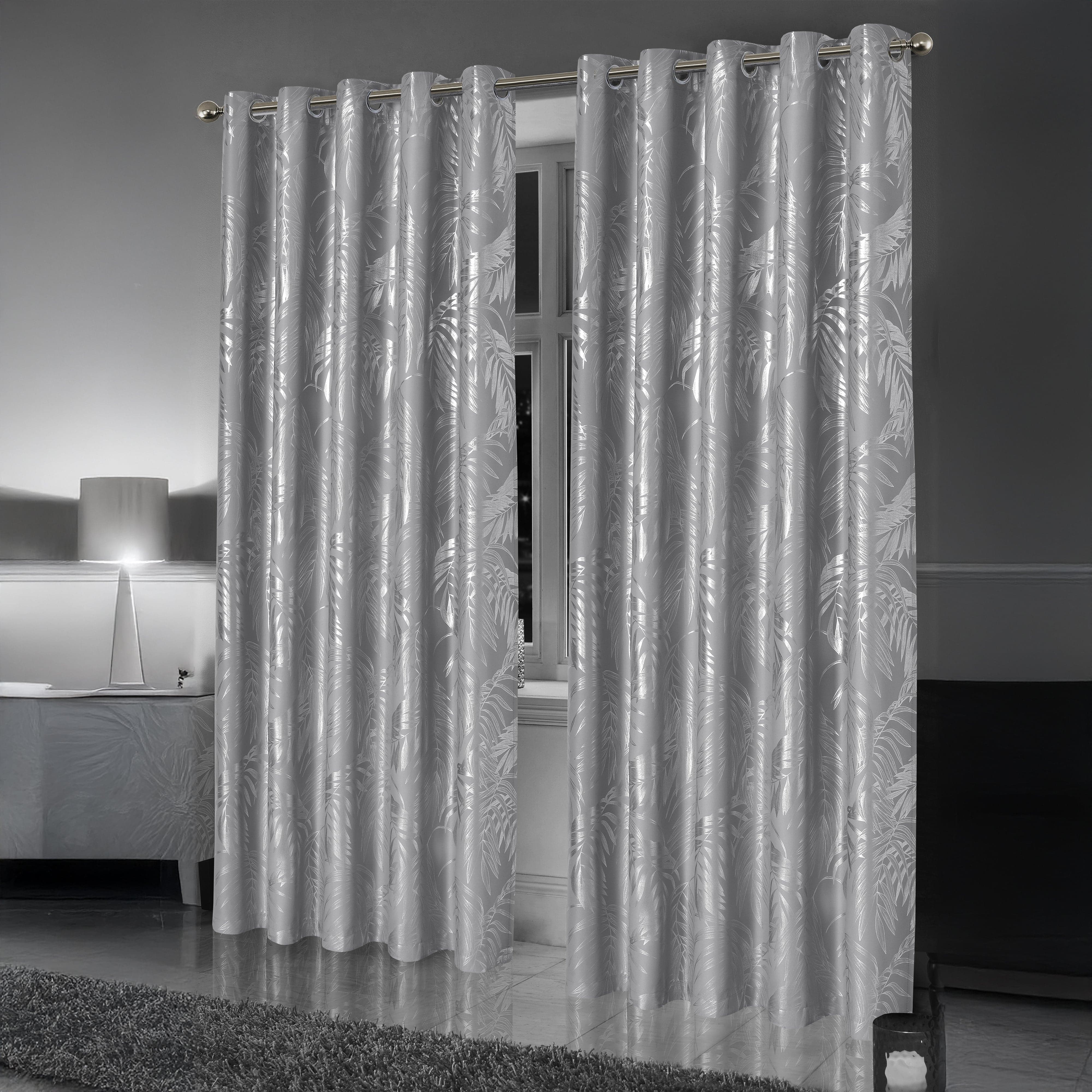 Olivia Rocco Leaf Sparkle Blackout Eyelet Curtains, Silver