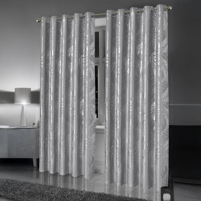 Olivia Rocco Leaf Sparkle Blackout Eyelet Curtains, Silver, image 2
