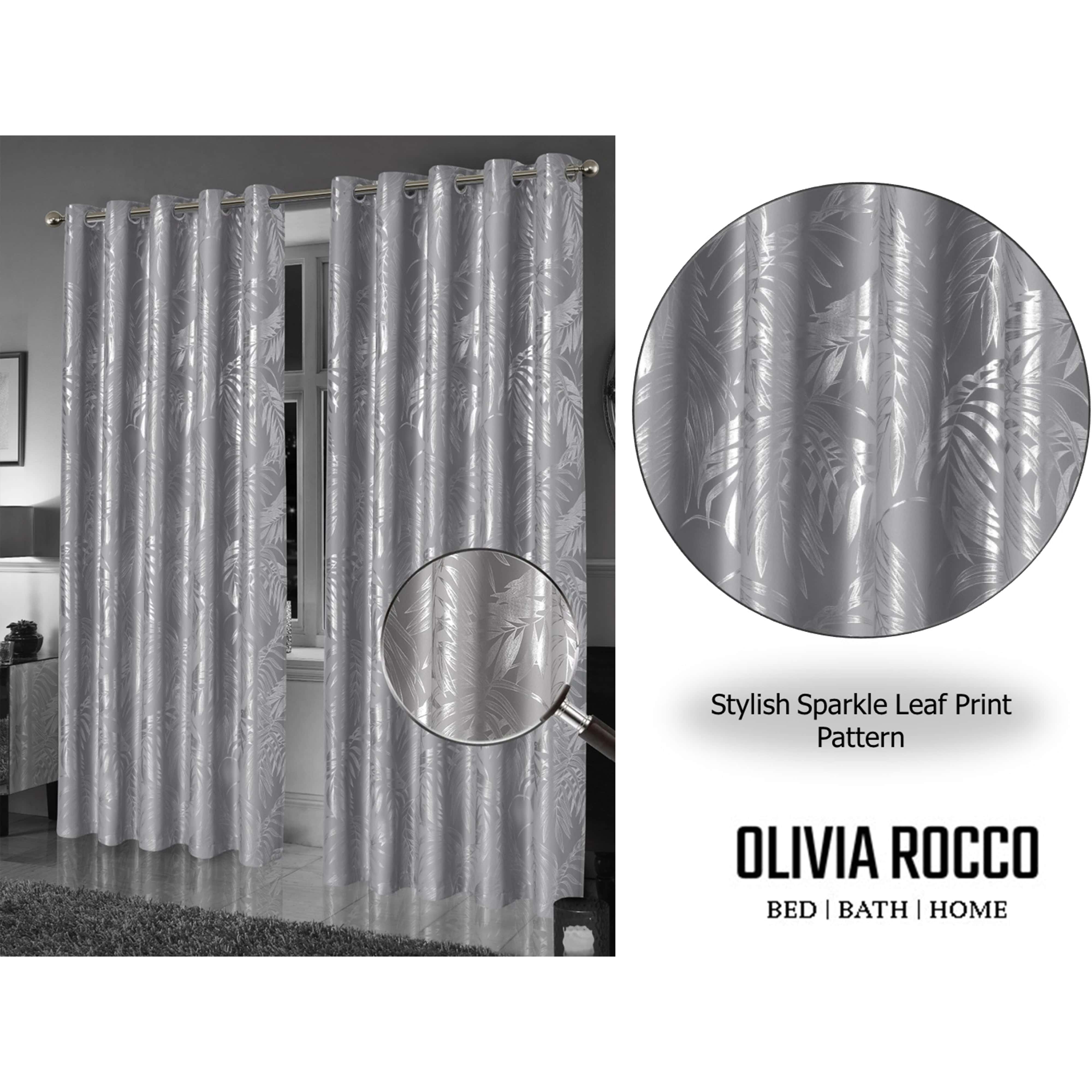 Olivia Rocco Leaf Sparkle Blackout Eyelet Curtains, Silver