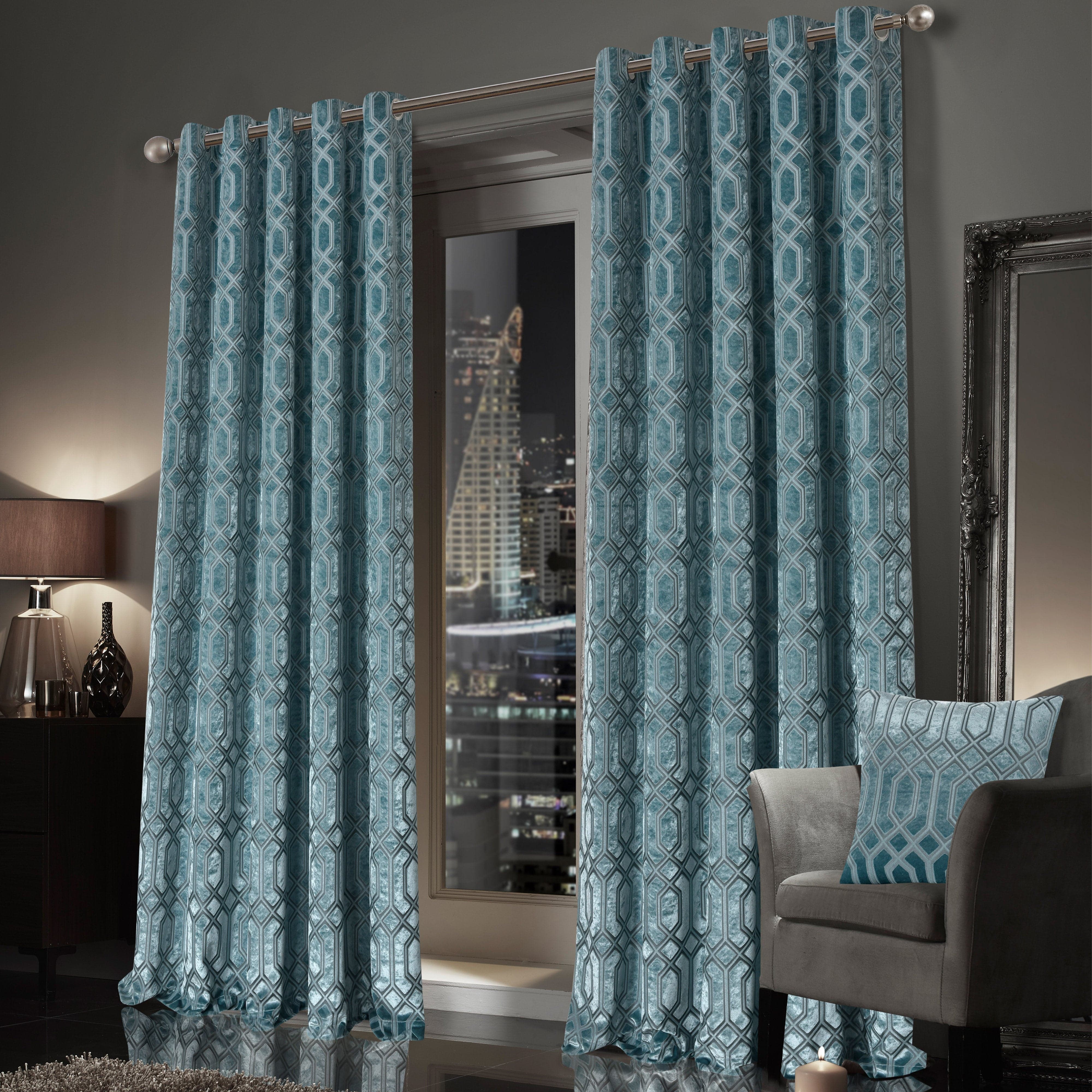 Olivia Rocco Luxe Geo Velvet Eyelet Curtains, Teal, Thermal Lined