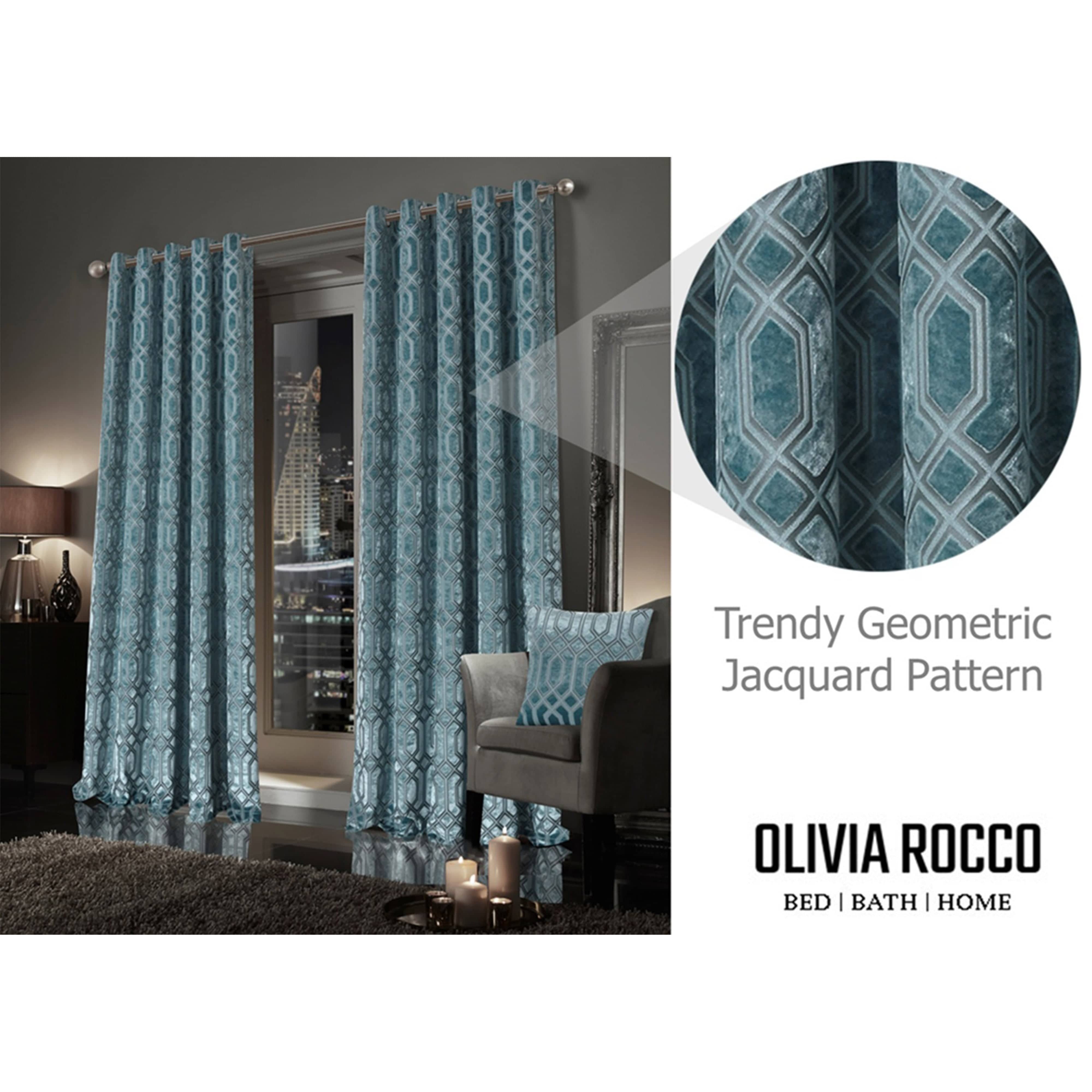 Olivia Rocco Luxe Geo Velvet Eyelet Curtains, Teal, Thermal Lined