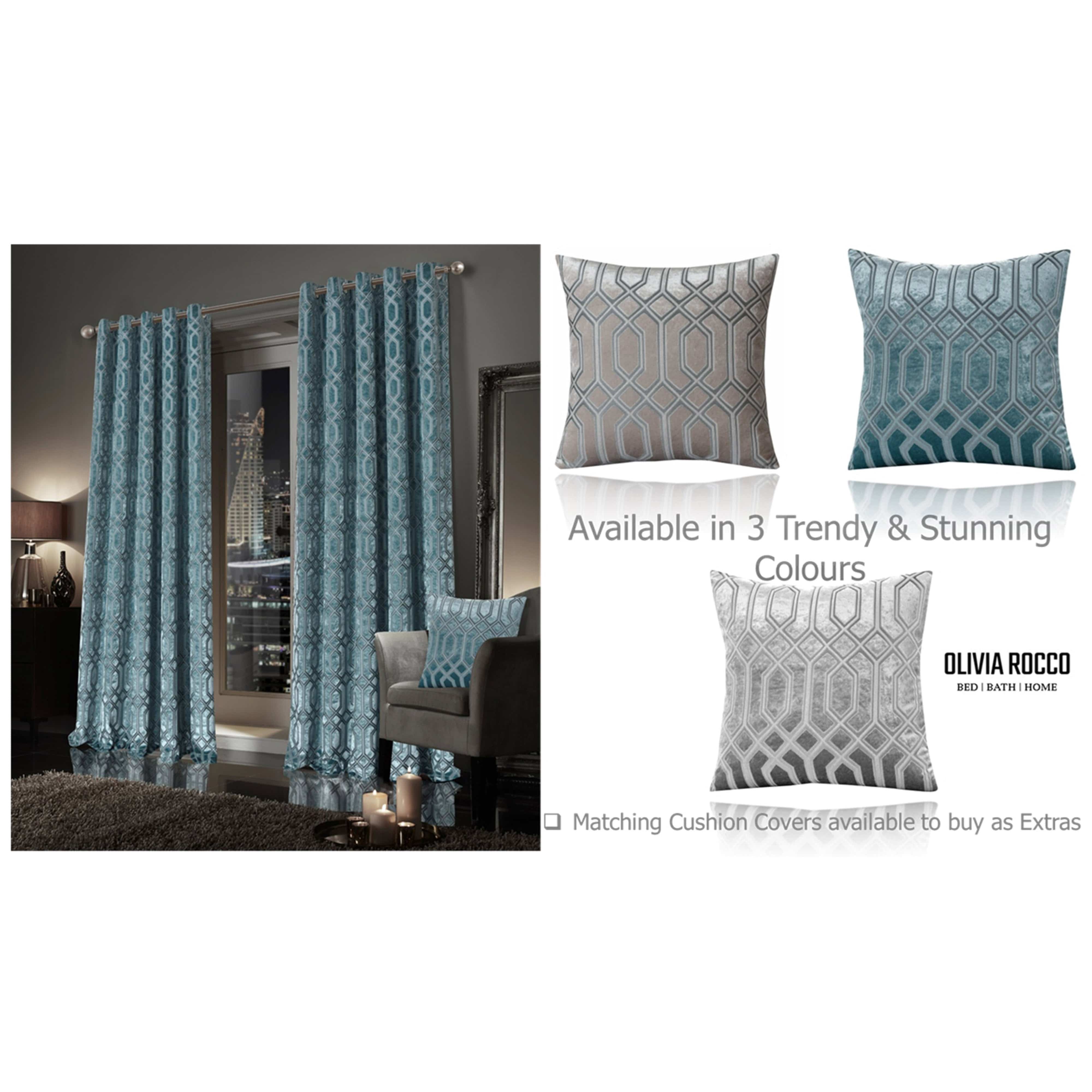 Olivia Rocco Luxe Geo Velvet Eyelet Curtains, Teal, Thermal Lined