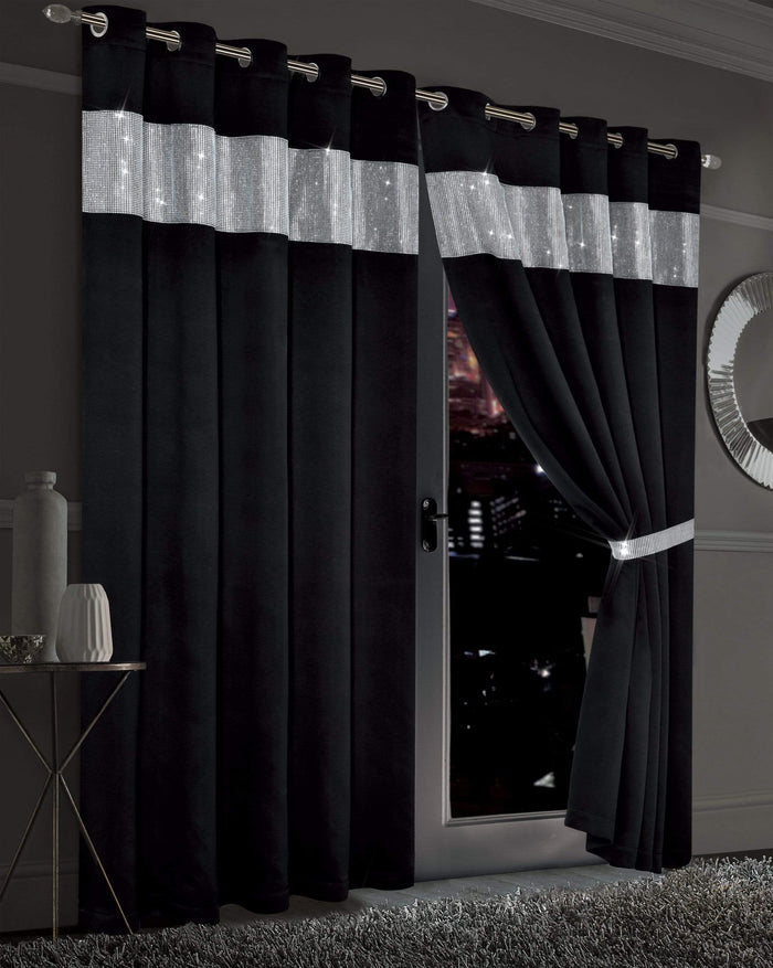 Olivia Rocco Diamante Blackout Eyelet Curtains, Pair with Tiebacks, Black