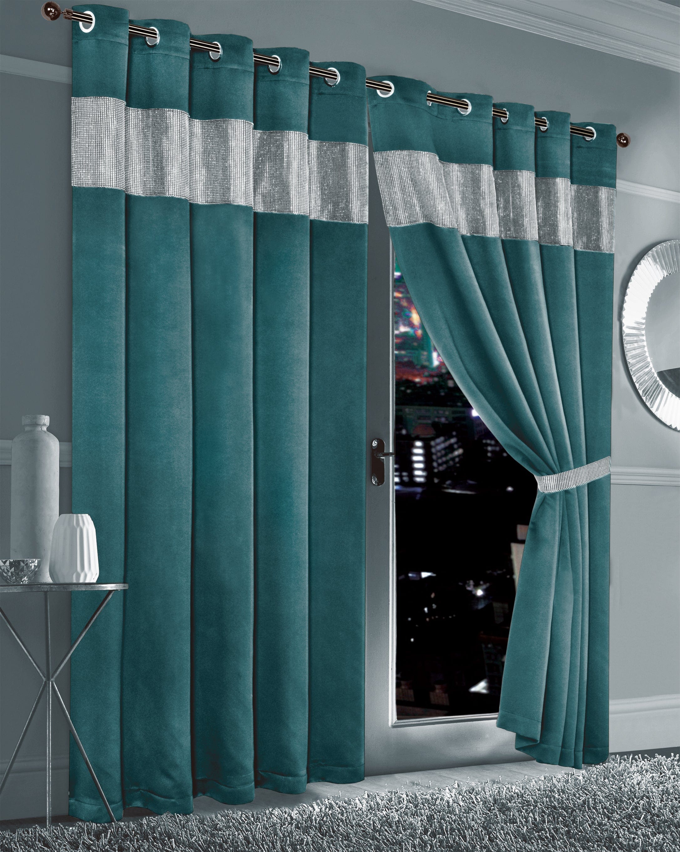 Olivia Rocco Diamante Blackout Eyelet Curtains, Pair with Tiebacks
